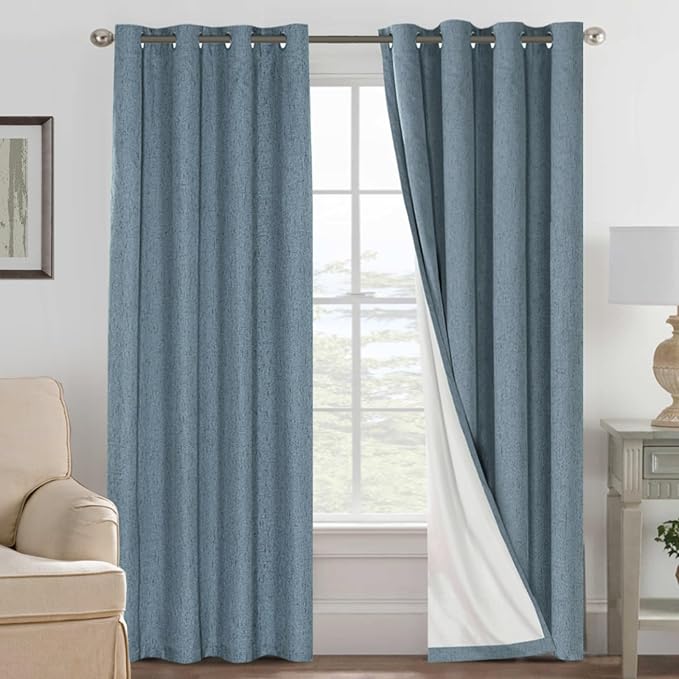 H.VERSAILTEX Linen Blackout Curtains 96 Inches Long 100% Blackout Thermal Insulated Textured Linen Look Curtain Draperies Anti-Rust Grommet, Energy Saving with White Liner, 2 Panels, Stone Blue