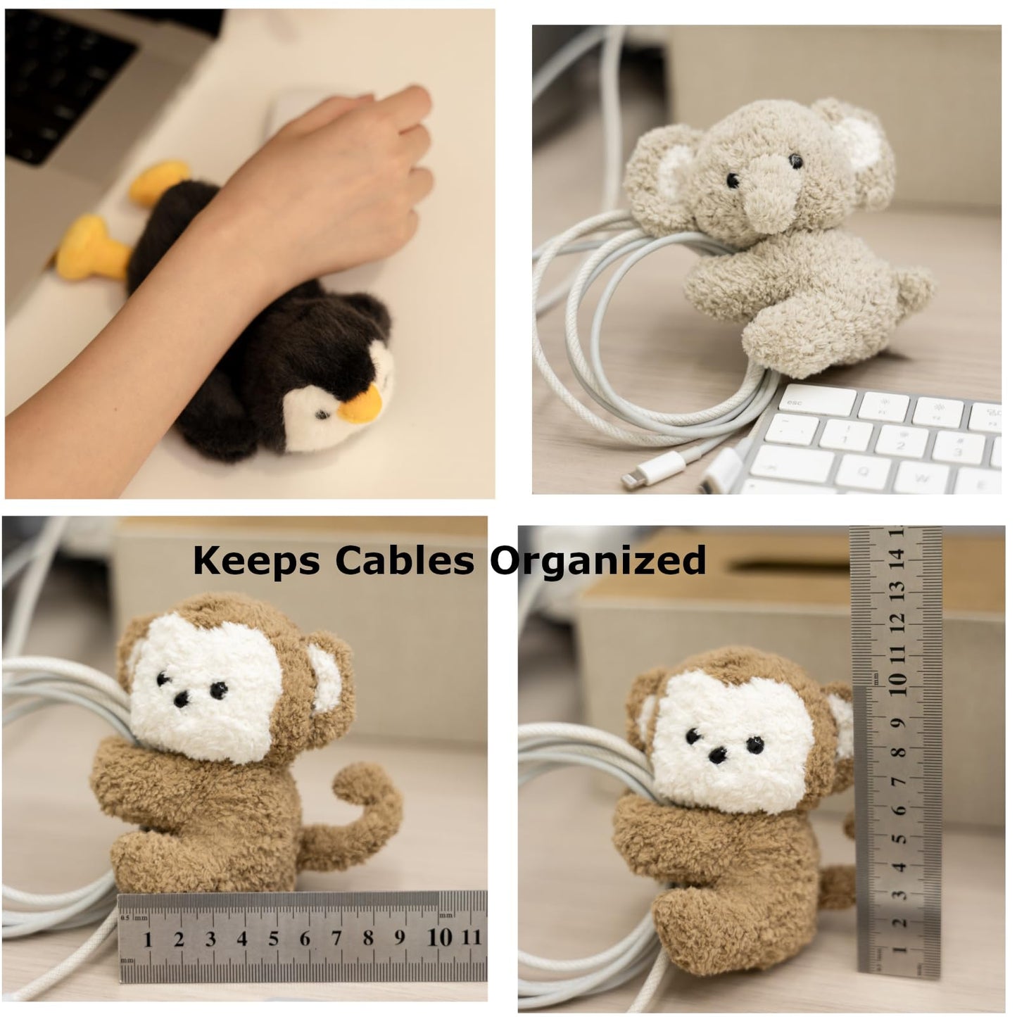 Cute Animal Plush Gift Set-Penguin Wrist Rest & 3 mini Plush Clips(Monkey,Dog,Elephant) Kawaii Cozy Desk Decor for Office, Study, Home,Gift Box Included
