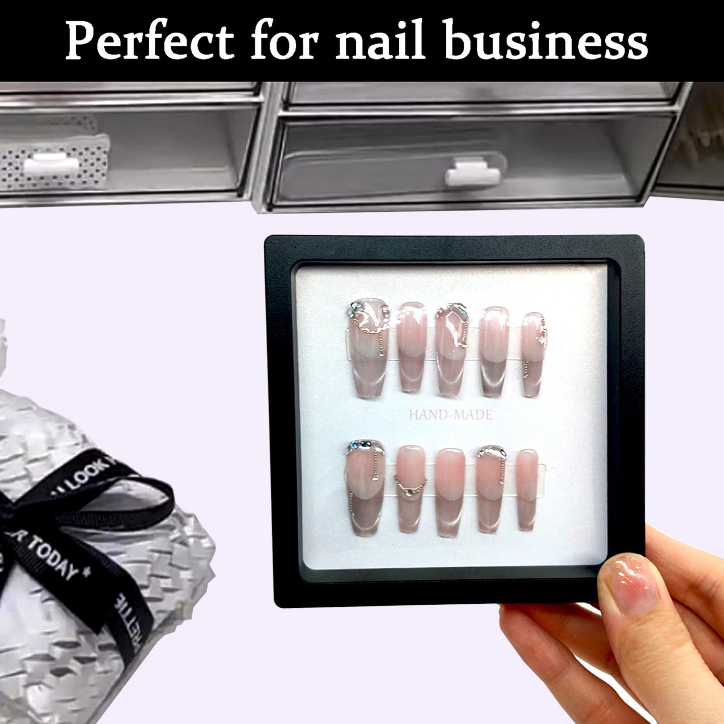 GUXACU Press On Nail Packaging Boxes - 3D Floating Storage and Display Box With 60pcs Double Sided Adhesive Tape for Nail Tech (Black, 4.3 Inch)