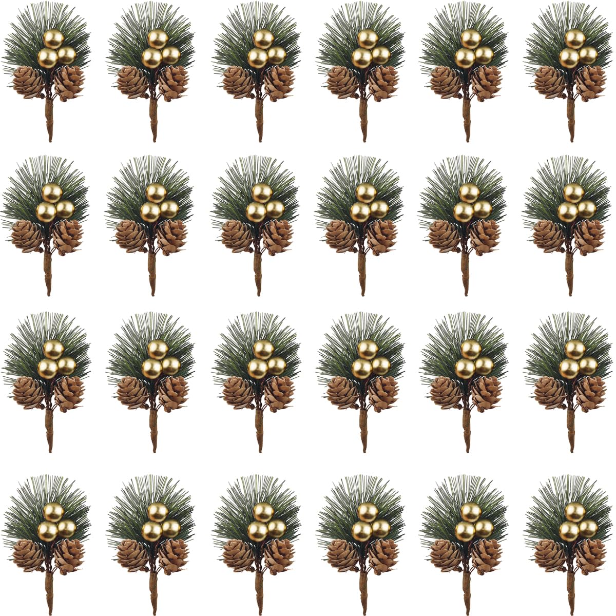 TIHOOD 25PCS Artificial Pine Picks, Pine Needles Branches with Gold Berry Stems, Small Fake Berries Pinecones Branches for Crafts Christmas Tree DIY Garland Holiday Wreath(Gold)