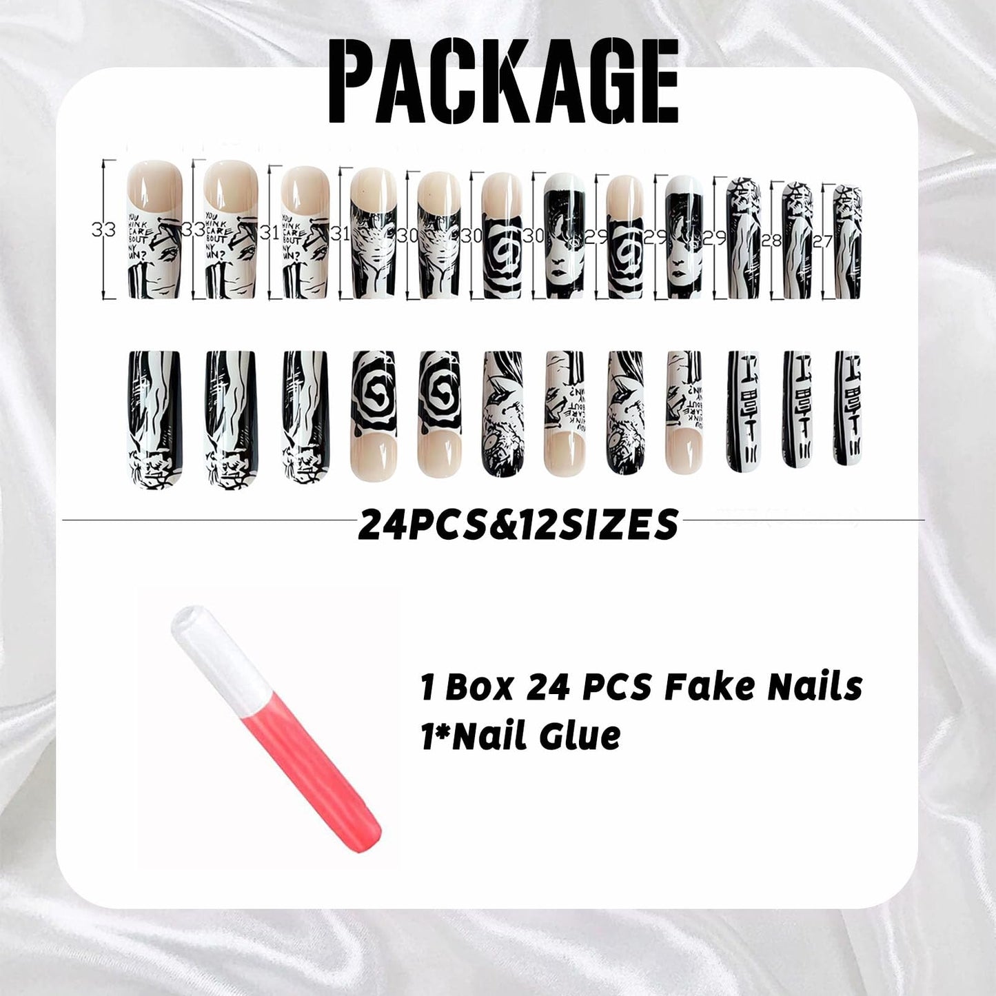 IMSOHOT Long Press on Nails Square French Fake Nails Y2K Black Cartoon Graffiti False Nails Glossy Ballerina Full Cover Acrylic Nails 24pcs