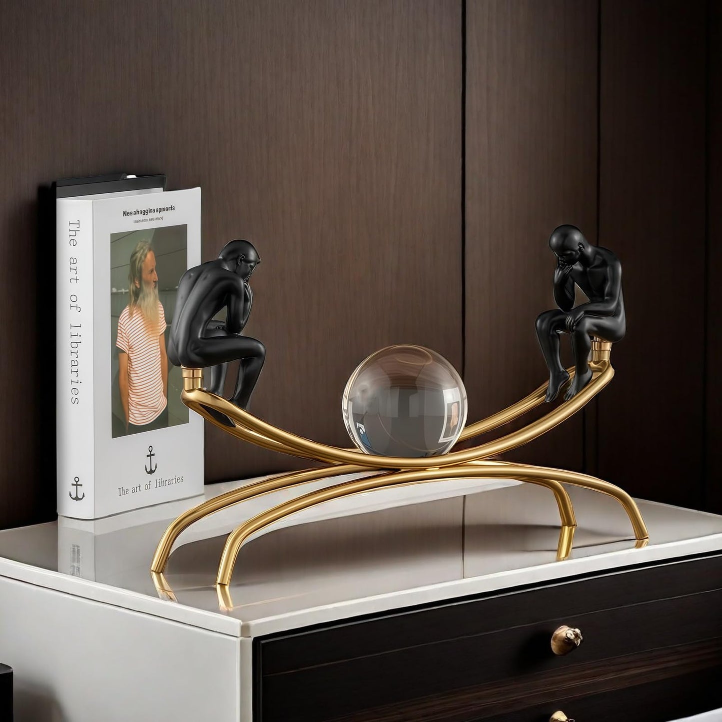 XINDAM Elegant The Thinker Thinking Man Statue with Crystal Ball Decorative Home & Office Figurines Home Office Display Craft Living Room Decor Ornaments for Tabletop