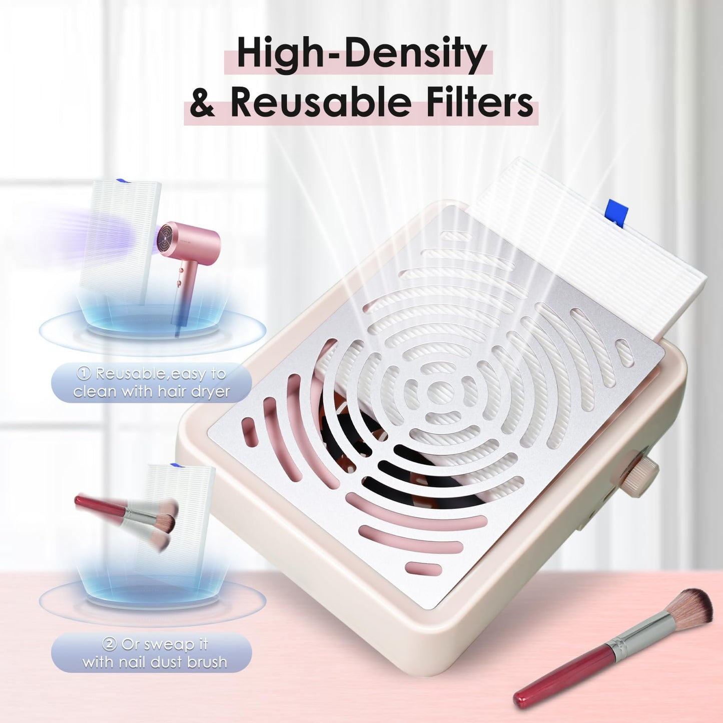 Nail Dust Collector with Lamp&50pcs Disposable Filter&Dusting Brush, Electric Nail Vacuum Cleaner Dust Fan Suction Machine for Manicure Acrylic Gel Nails Polishing, Low Noise,Salon Home