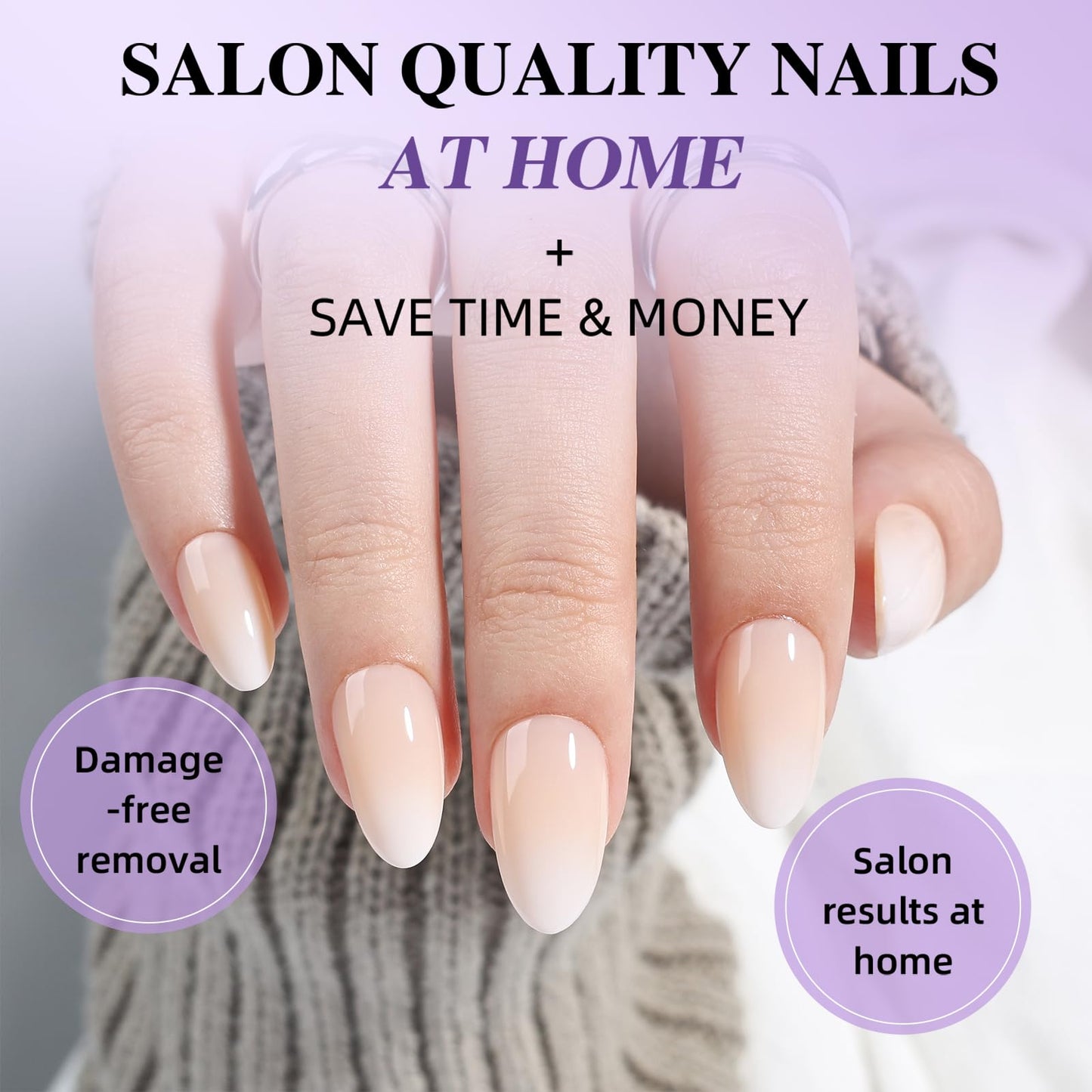 Ombre Press On Nails Short - Almond Ombre French Tip Press On Nails, Reusable Fake Nails Kit with Glue, 32 Nails in 16 Sizes | Salon Quality