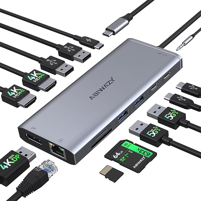 USB C Hub USB-C Docking Station Dual Monitor 14 in 1 Triple Display Multiport Adapter with 2 HDMI+DP+7 USB Type C/A Ports+Ethernet+Audio, USBC Dongle for Dell/HP/Lenovo ThinkPad/Surface(Grey)