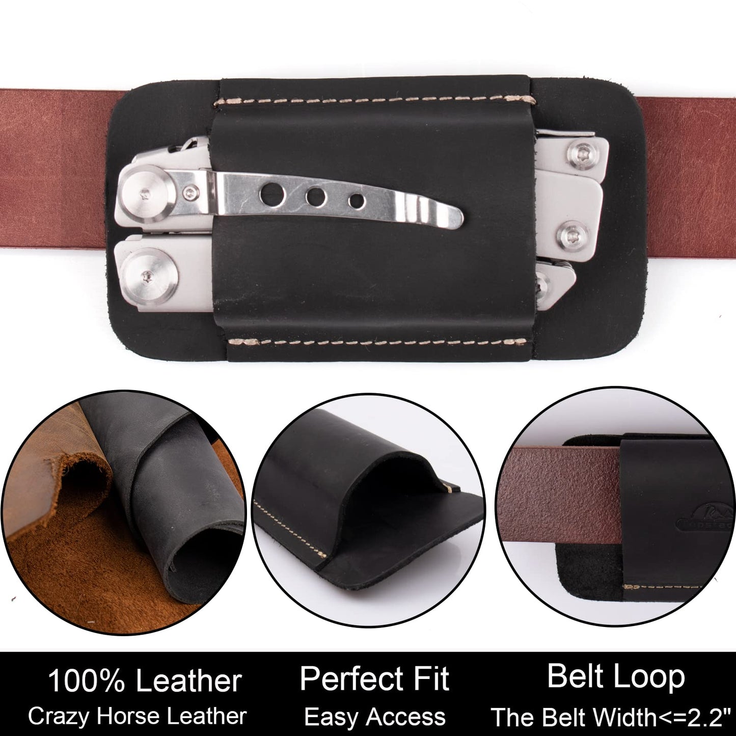 Topstache Leather Sheath, Handmade Multitool Holster, Horizontal Carry Leather Knife Sheath for Belt, EDC Pocket Organizer for Men,Size M,Black