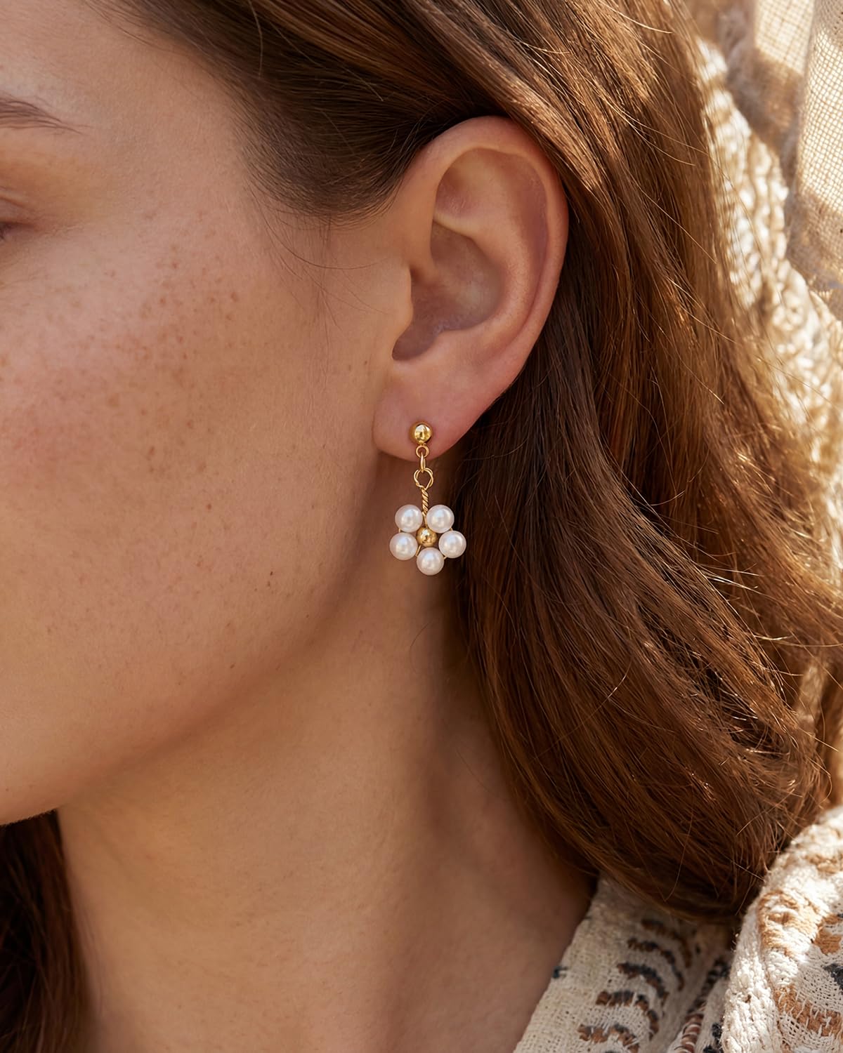BSGRL Pearl Earrings - 14k Gold Plated Cute Daisy Flower Drop Pearl Earrings for Women