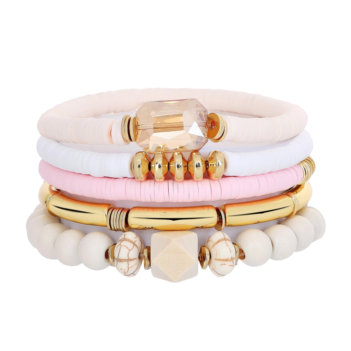 GOOJIDS Simple Beaded Gold Plated Bangles Bracelet Chunky Bamboo Tube Curved Stacking Clear Acrylic Colorful Beads Stretchable Gold Plated Bracelets Set For Women