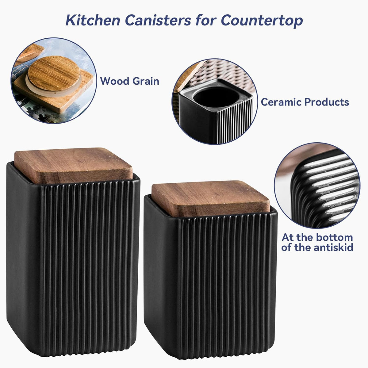 Ceramic Storage Jars Modern Elegant Polished Airtight Gorgeous Storage Canisters with Wooden Lid Small Food Stroage Jar for Kitchen Spice Tea Vanilla Sugar Coffee Beans (Black,Small size,13cm*10cm)