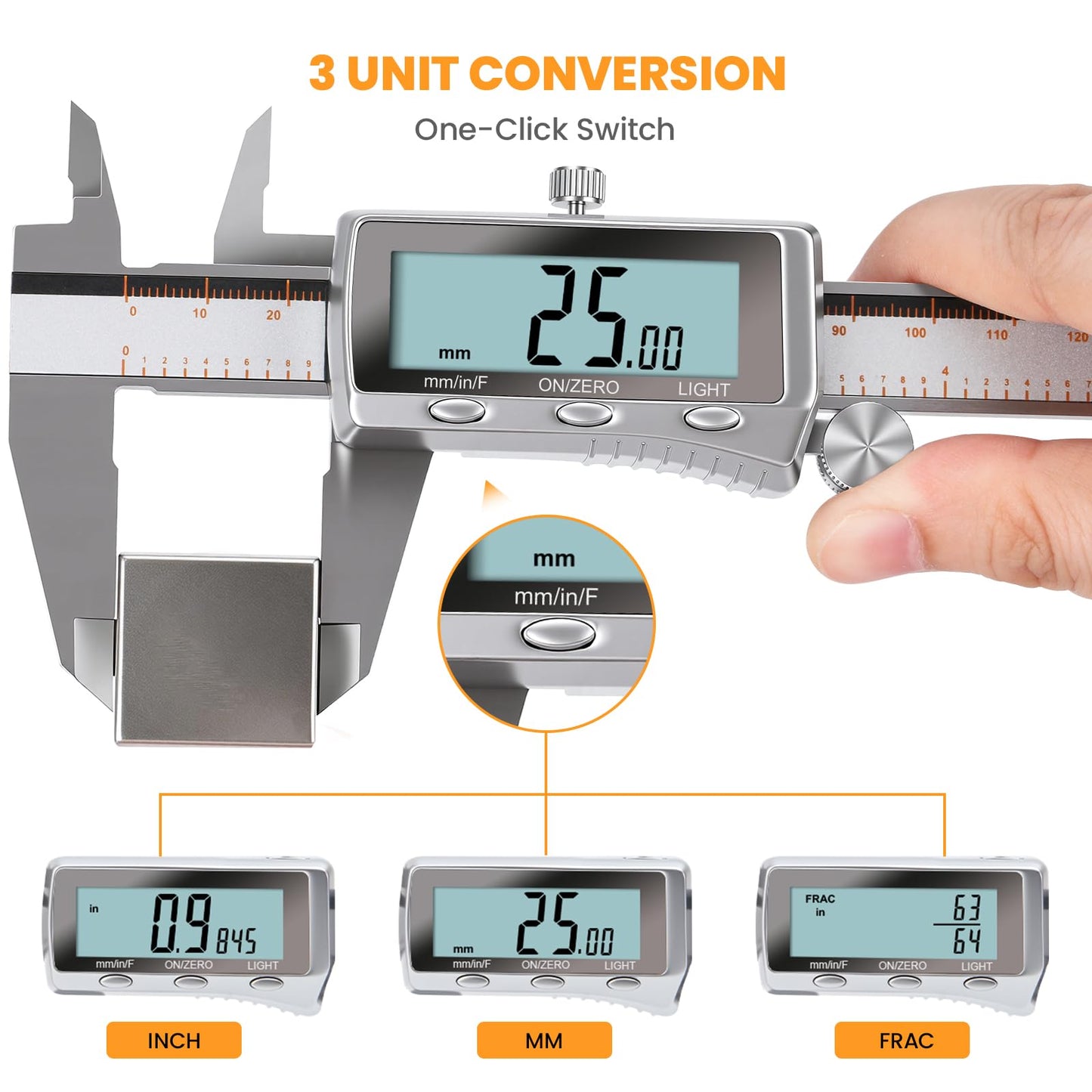 HARDELL Digital Caliper, Rechargeable Caliper Measuring Tool with Backlight LCD Screen, All Metal Calipers, Auto-Off Digital Micrometer, Inch/MM/Fraction for Household/3D-Printing-Rechargeable 6 Inch