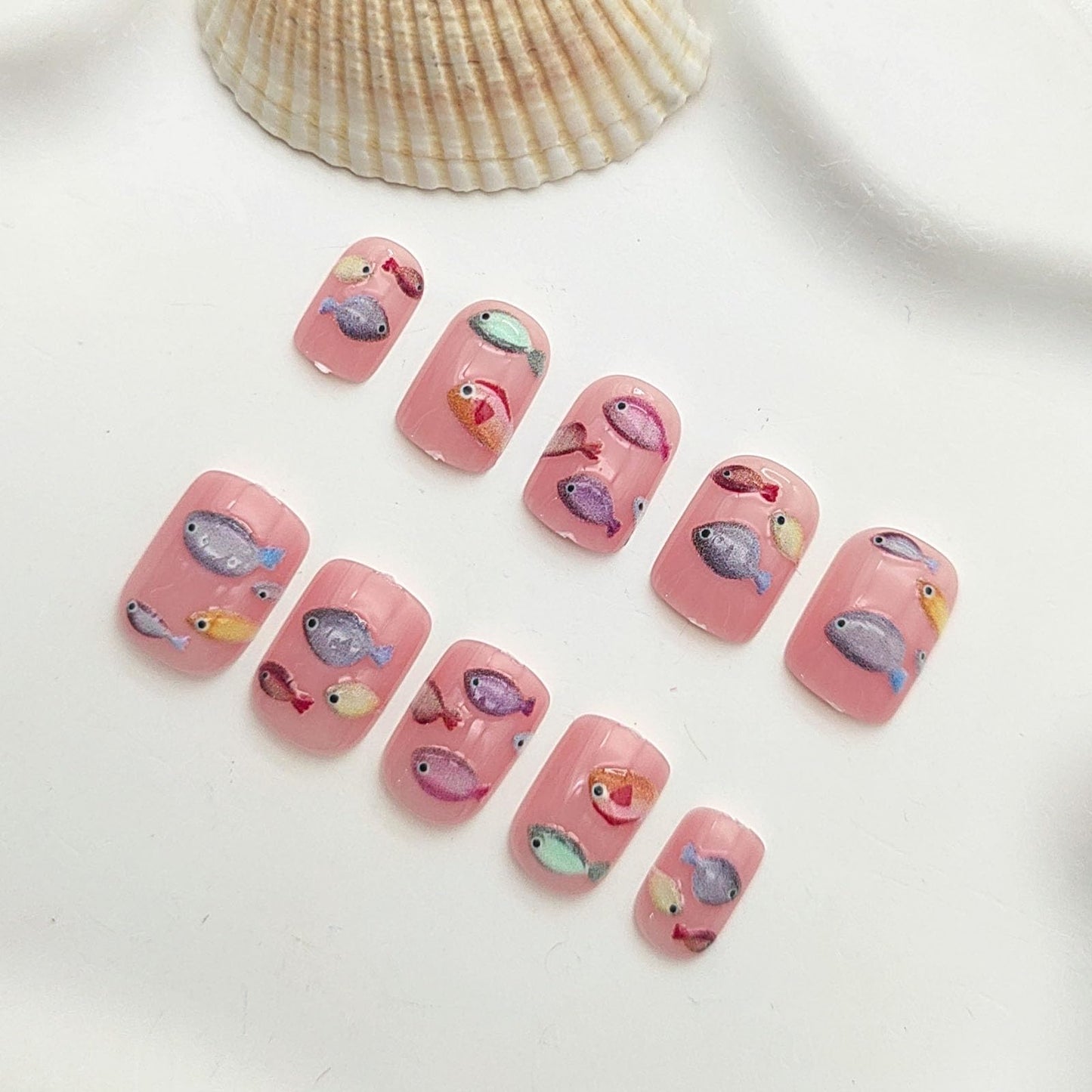 Square Press on Nails Short Fake Nails with 3D Colorful Fish Designs Nails Press ons Pink Glue on Nails Cute Artificial Nails Glossy Acrylic Nails Summer Stick on Nails for Women 24Pcs