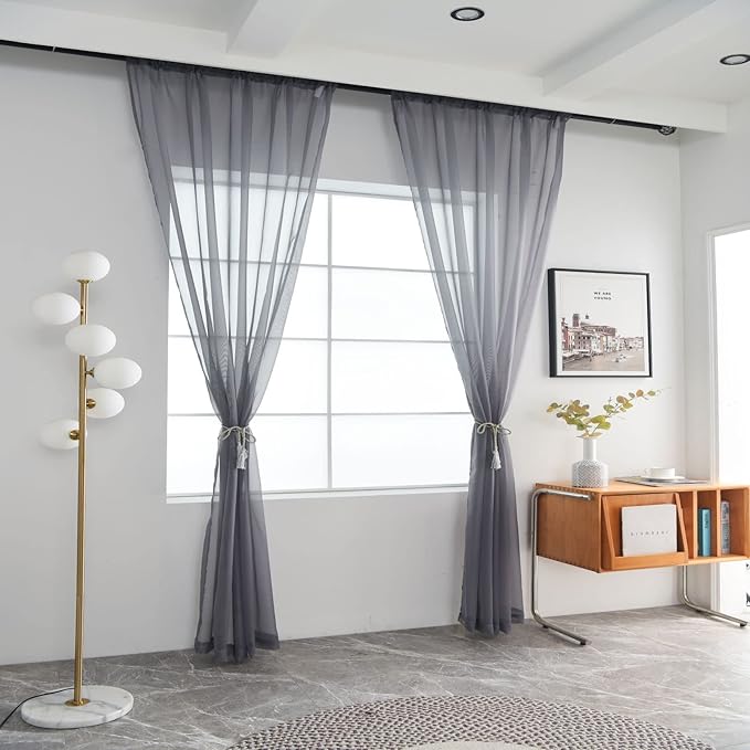 SpaceDresser Sheer Voile Window Treatment Rod Pocket Curtain Panels for Kitchen Bedroom Living Room Drapes Sunlight Filtering Privacy Semi Home Decor Assorted Colors Sizes (Grey, 52 W x 54 L)