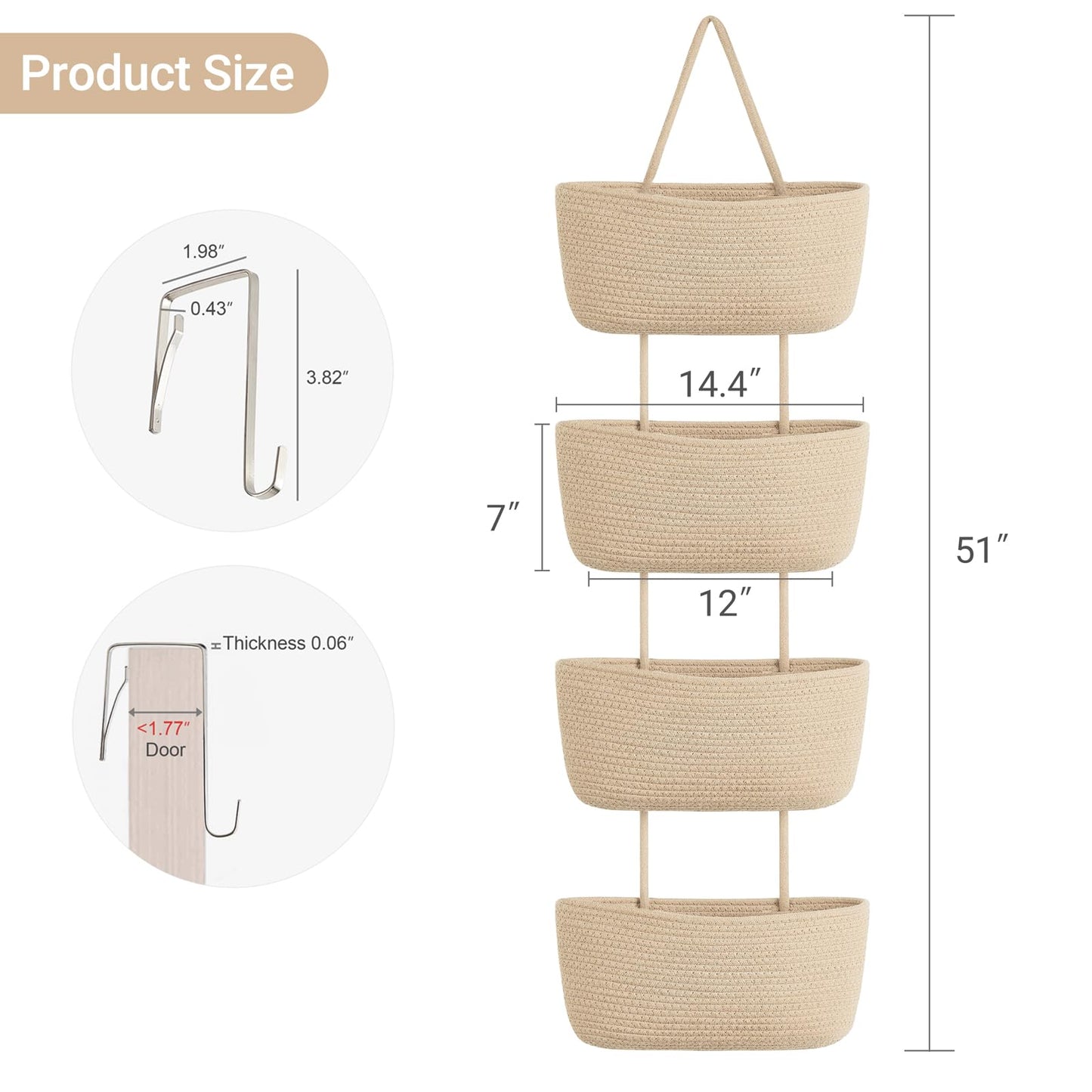 Dahey Over The Door Hanging Basket 4-Tier Woven Boho Wall Mounted Storage Organizer with Hooks for Bedroom Nursery Bathroom Apartments Dorm Pantry Decor, Jute