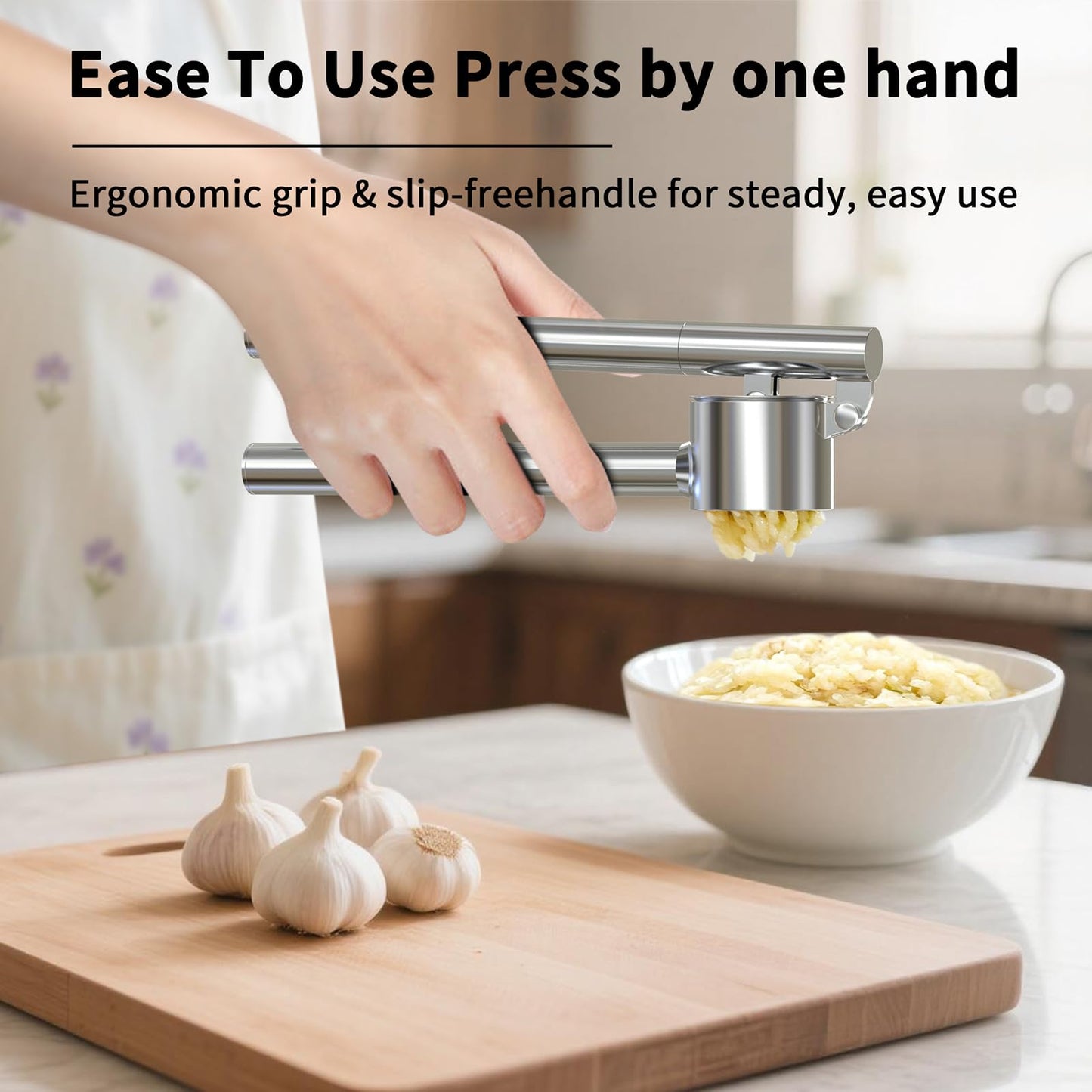 5-in-1 Stainless Steel Garlic Press Set with Jumbo Chamber & Mincer - Heavy Duty Rustproof Garlic Crusher with Ergonomic Handle, Dishwasher Safe, Easy Squeeze Design for Ginger, Nuts, Herbs