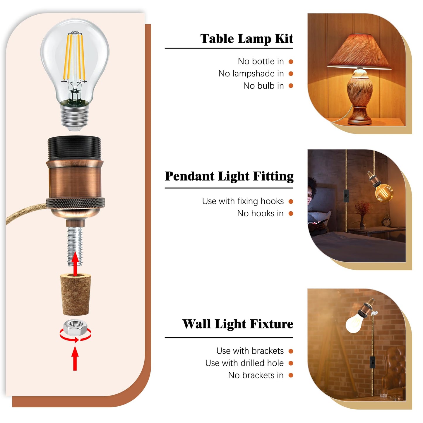 Bottle Lamp Kits, 2 Pack Bronze Bottle Lamp Adaptor Kit, Lamp Kits Do it Yourself, E27 Ceramic Lamp Holder with 95 in Plug and Switch, Brass Table Lamp Kit, Lamp Making kit, with 3 Sizes of Stoppers