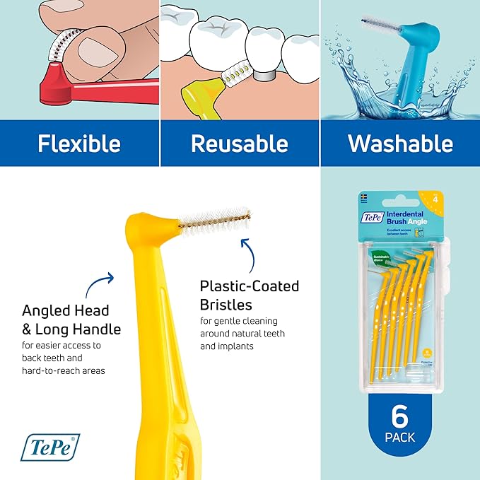 TePe Interdental Brush Angle, Angled Dental Brush for Teeth Cleaning, Pack of 6, 0.7 mm, Medium Gaps, Yellow, Size 4