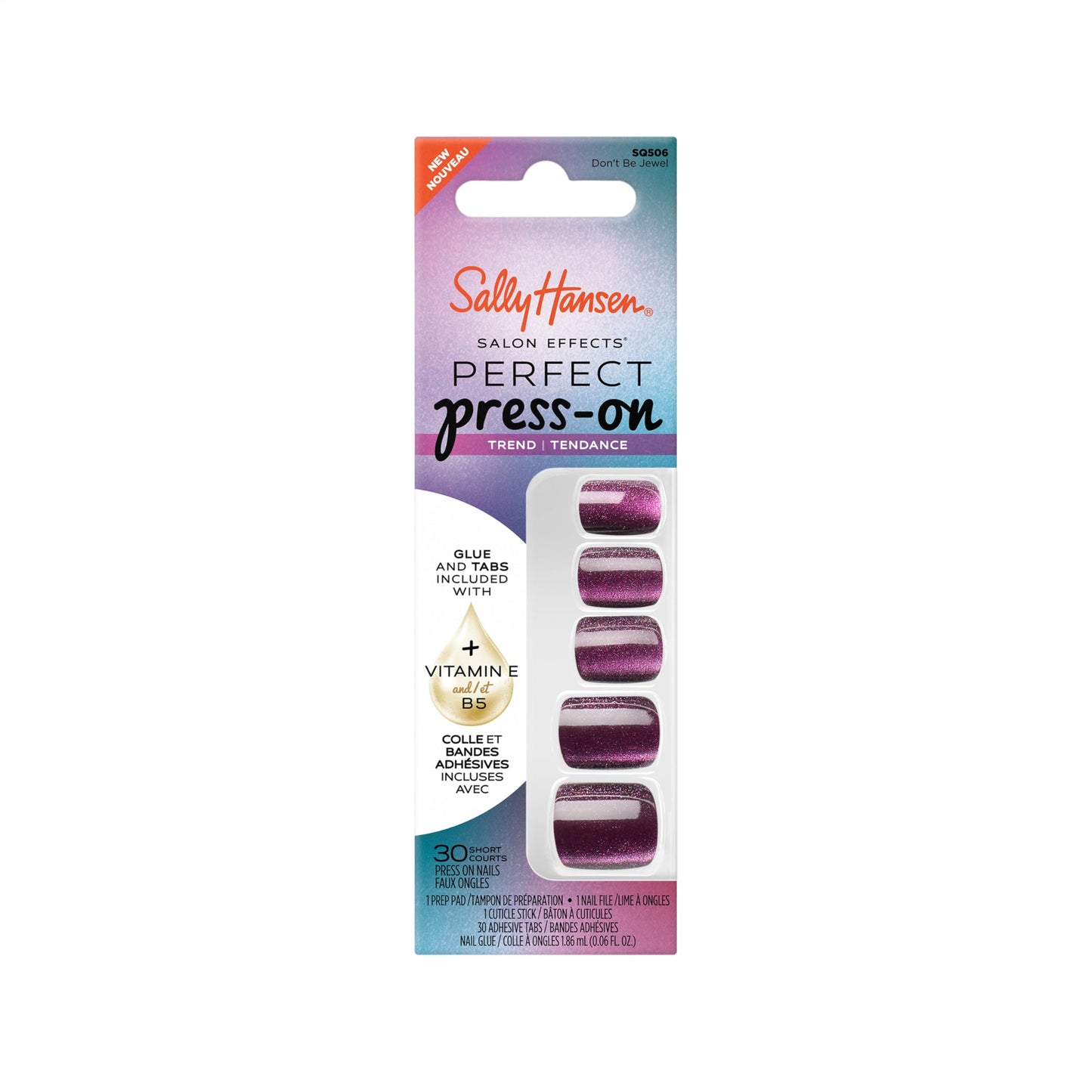 Sally Hansen Salon Effects Perfect Press-On Nails | Square Shape | Easy to Apply, Non-Damaging | 30 Nails, Nail Glue, Adhesive Tabs, File | Don't Be Jewel