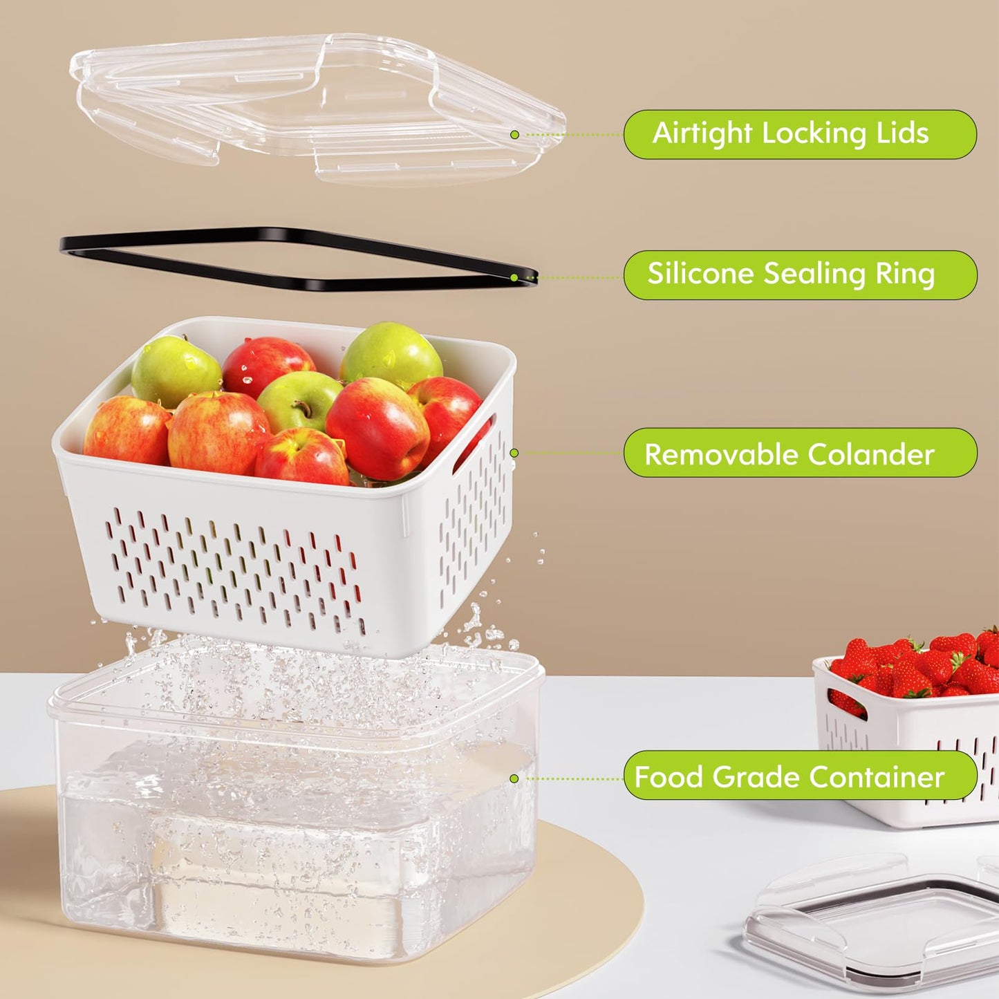 HOMETALL 5 Pack Fruit Storage Containers for Fridge, Plastic Fruit Containers for Fridge with Removable Colanders, Leakproof Fridge Organizers and Storage for Berry Vegetable Salad Lettuce Meat Food