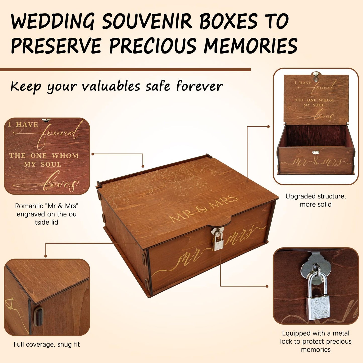 OurWarm Wedding Keepsake Box with Lock, Large Wooden Memory Box for Keepsakes, Wood Decorative Photo Storage Boxes with Lids, Mr and Mrs Personalized Anniversary Engagement Gifts for Couples