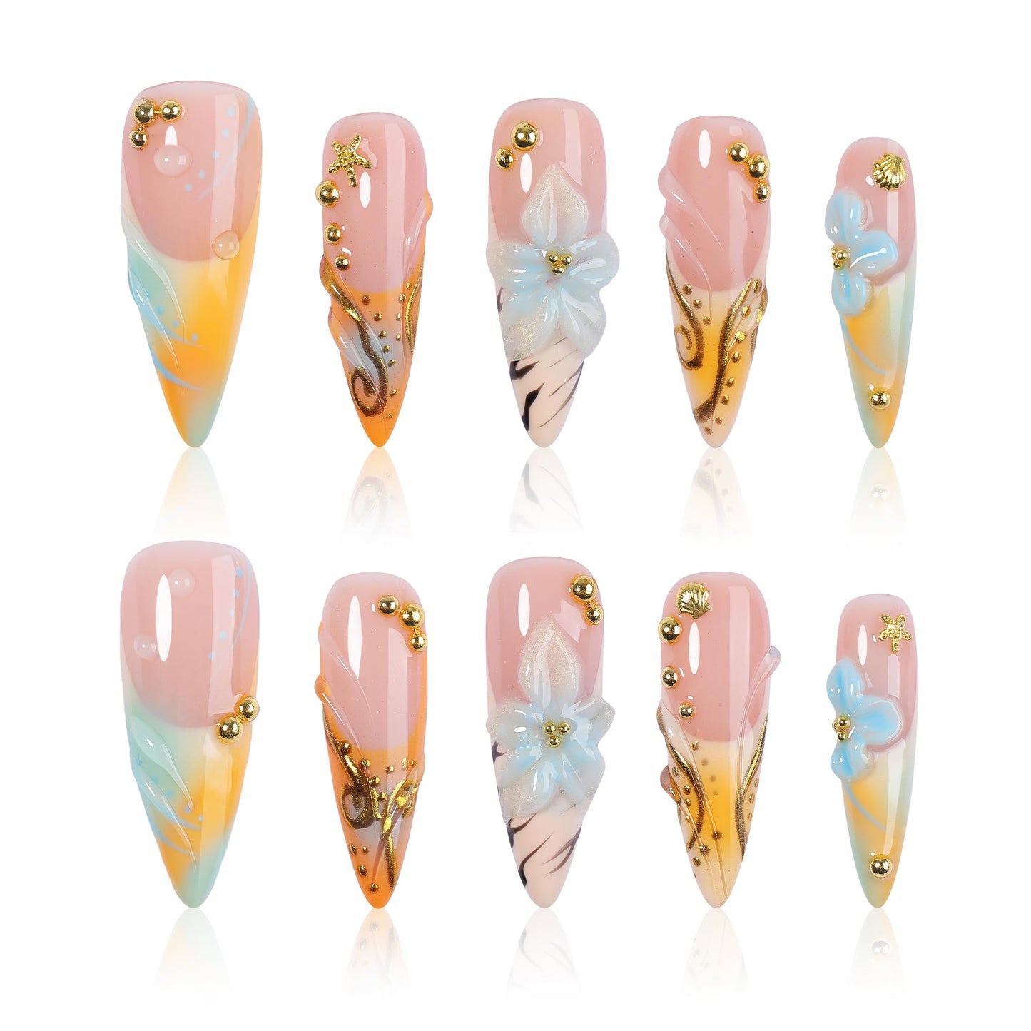 XGV Handmade Press on Nails Stiletto - Beach Vibes Summer French Tips 10Pcs Reusable Fake Nails Set for Women Manicure DIY Decoration Gift