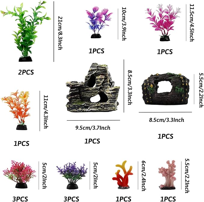 PietyPet Fish Tank Decorations Plants with Resin Broken Barrel and Cave Rock View, 15pcs Aquarium Decorations Plants Plastic,Fish Tank Accessories, Fish Cave and Hideout Ornaments, Aquarium Decor