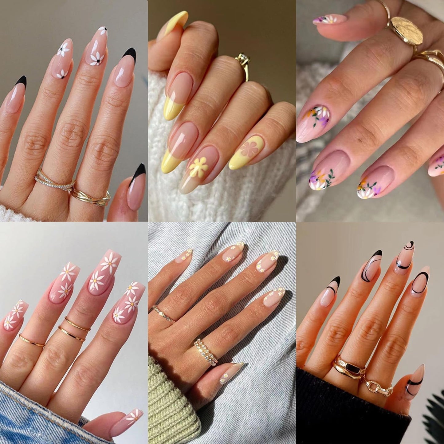 Jsiallye 6 Packs Press on Nails Medium,144Pcs French Press on Nails Almond,Ballet with Daisy,Glue on Nail in 12 Sizes - 24 Fake Nails Kit, Stick on Nails for Women
