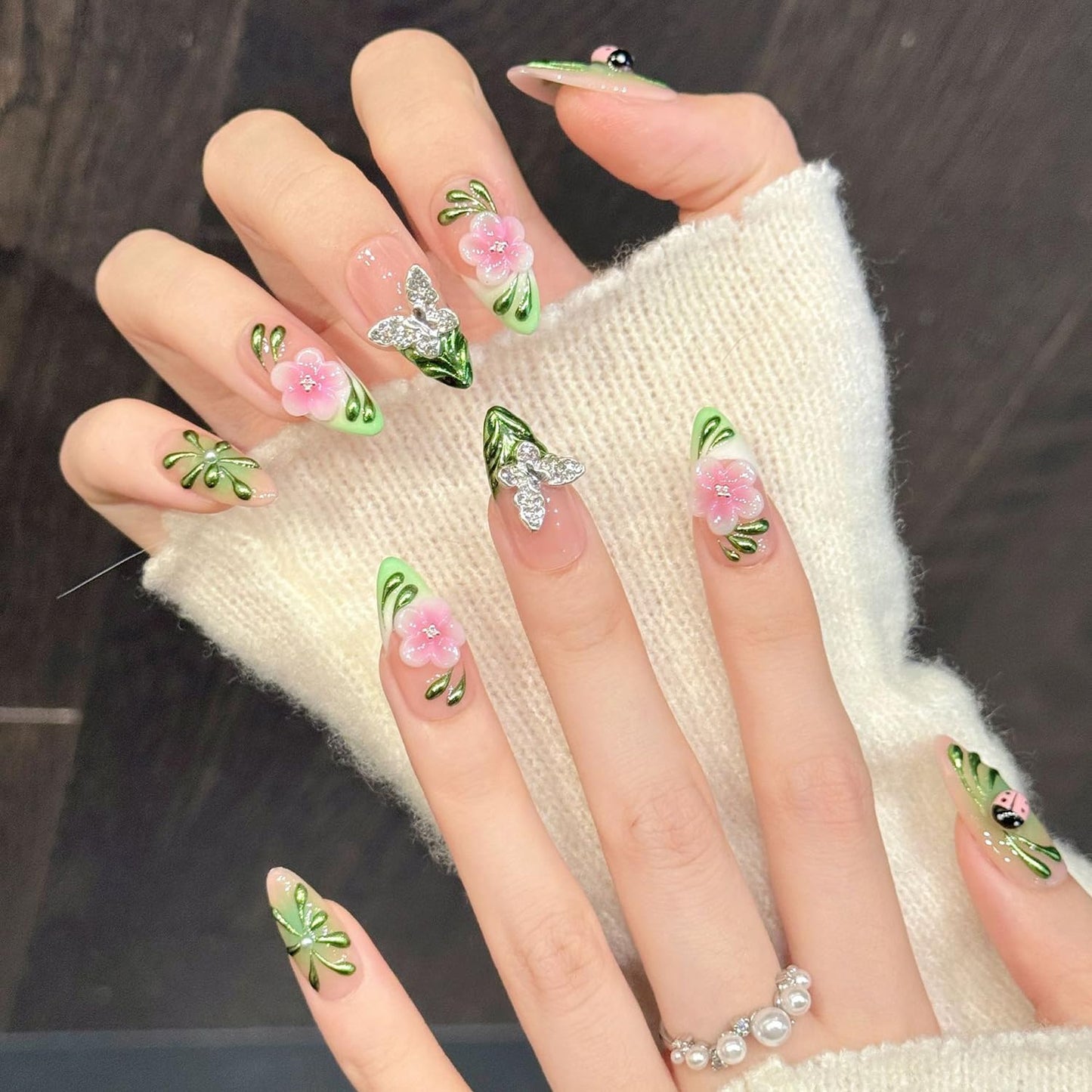 Luxury Press on Nails Medium Almond Handmade 3D Unique Reusable Gradient Flowers Fake Nails French Tip False Nails with Designs Butterfly Glossy Glue on Nail Thick Acrylic Nail for Women10Pcs（S)