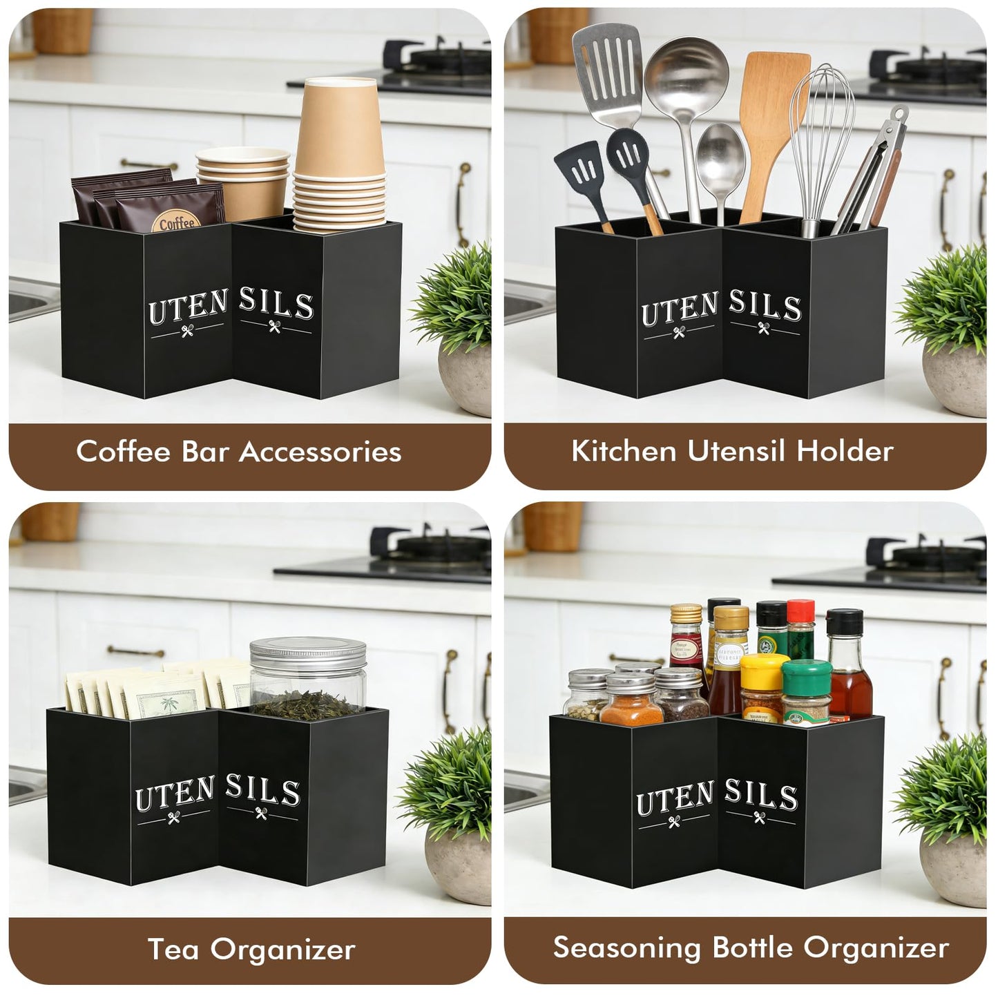 Himake Large kitchen Utensil Holder, Wooden Utensil Organizer for Kitchen Countertop, Spatula and Spoon Cooking Holder with 3 Compartments, Black