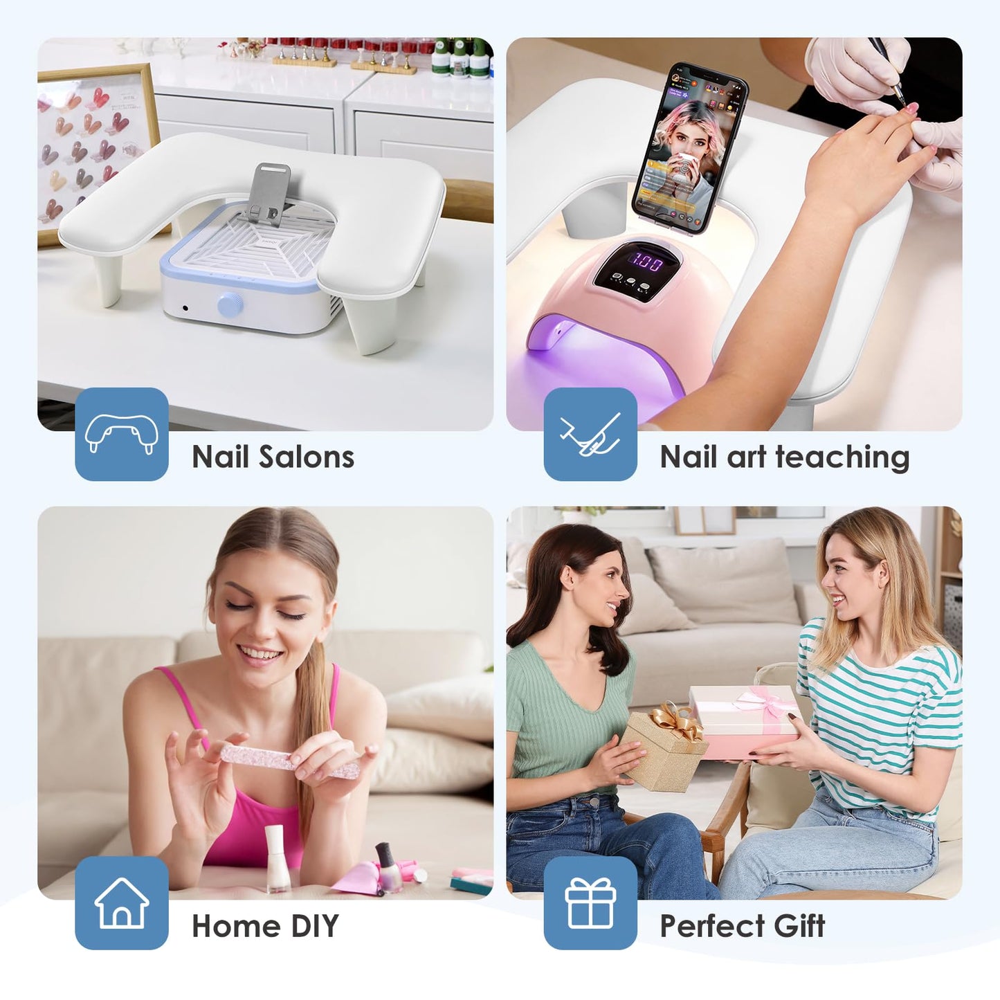LIONVISON Arm Rest for Nails Tech: U Shaped Ergonomic Nail Hand Rest Stand PU Leather with Rotating Phone Holder for Nail Salon Manicurist (White)