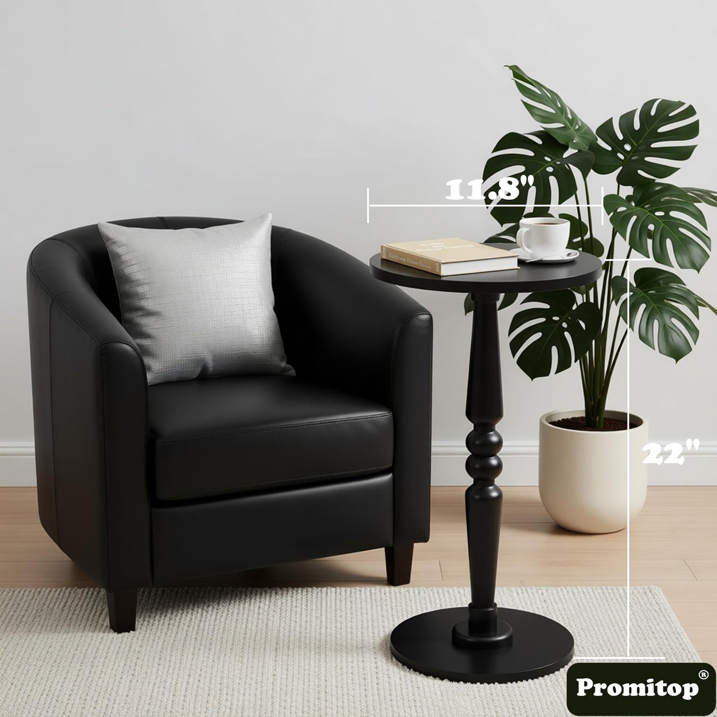 Round Side Table for Small Spaces - Small Accent End Table Nightstand with Solid Wood Top and Pedestal Leg - Modern Drink Table for Livingroom, Bedroom, Corners, Office