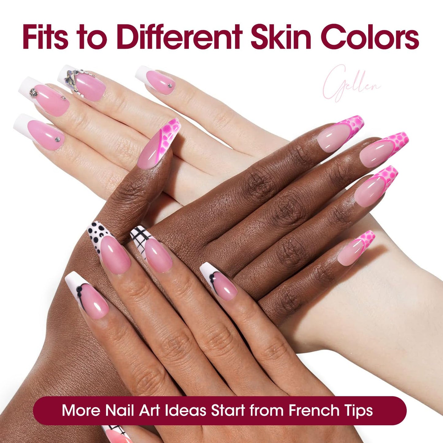 Gellen Square French Tip Press on Nails - 3 in 1 Soft Gel Nail Tips, 330 pcs 15 Sizes Pink Long Square French Nails Press on Long-lasting, No Need to File Press on Nails