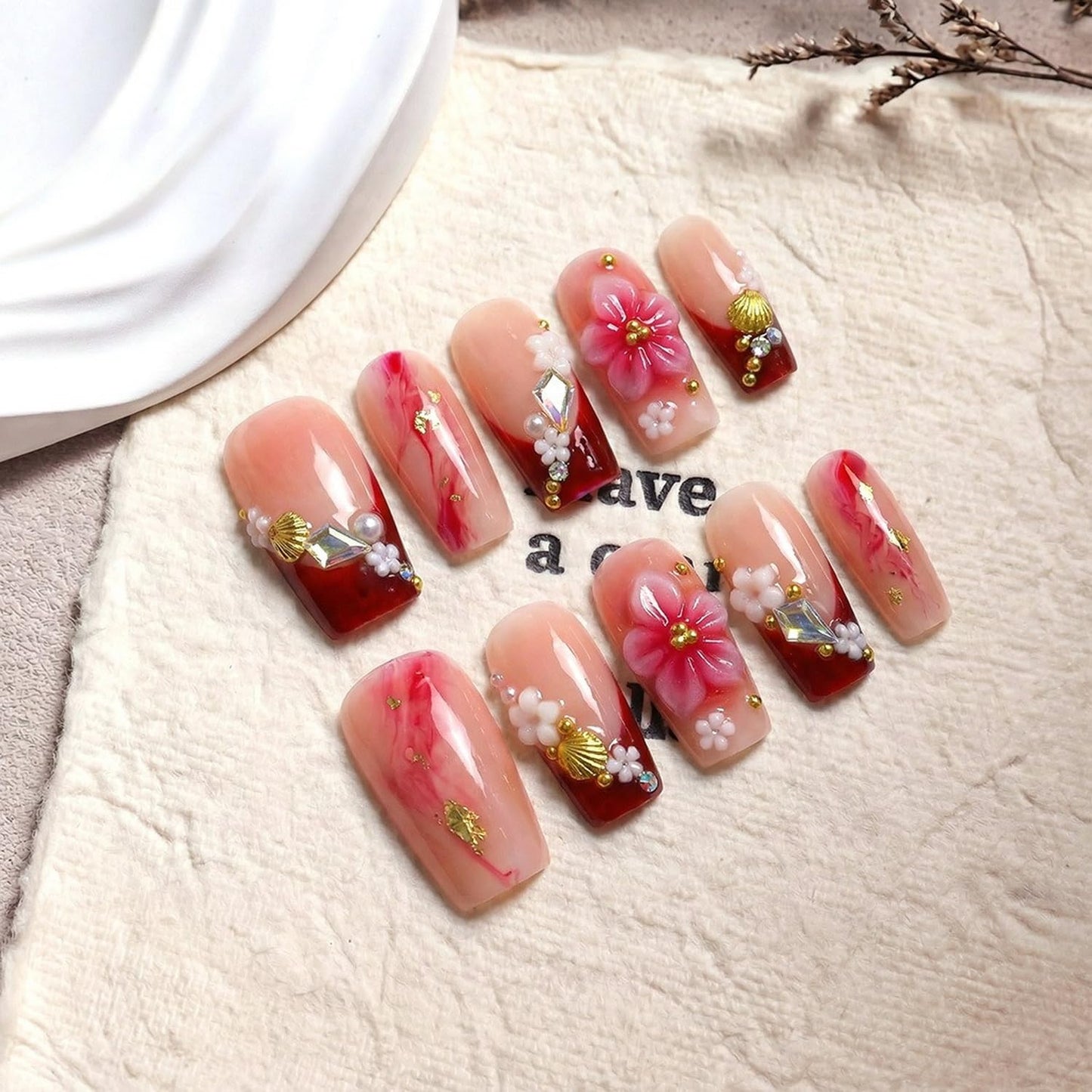 Luxury Press on Nails Medium Square Handmade 3D Unique Flower & Rhinestone Reusable Fake Nails Red French Tip False Nails with Shell Designs Glossy Thick Acrylic Nail for Women (S)