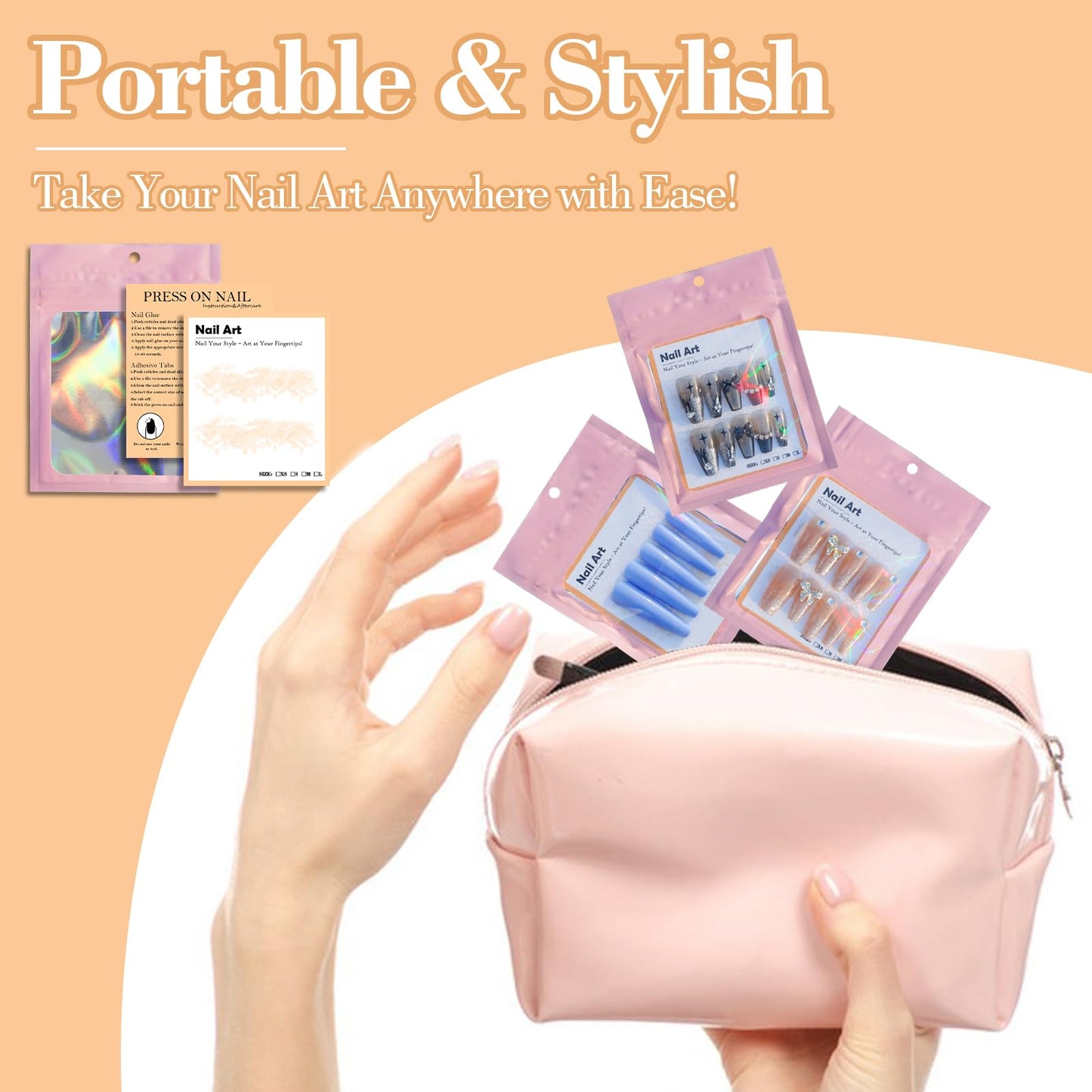202pcs Press on Nail Packaging Bag, 100pcs Empty Holographic Nail Storage Bag and 100pcs Instruction&Display Black Cardboard with 2 Roll Transparent Tape for Nail Display Profession Salon(Pink, 100)