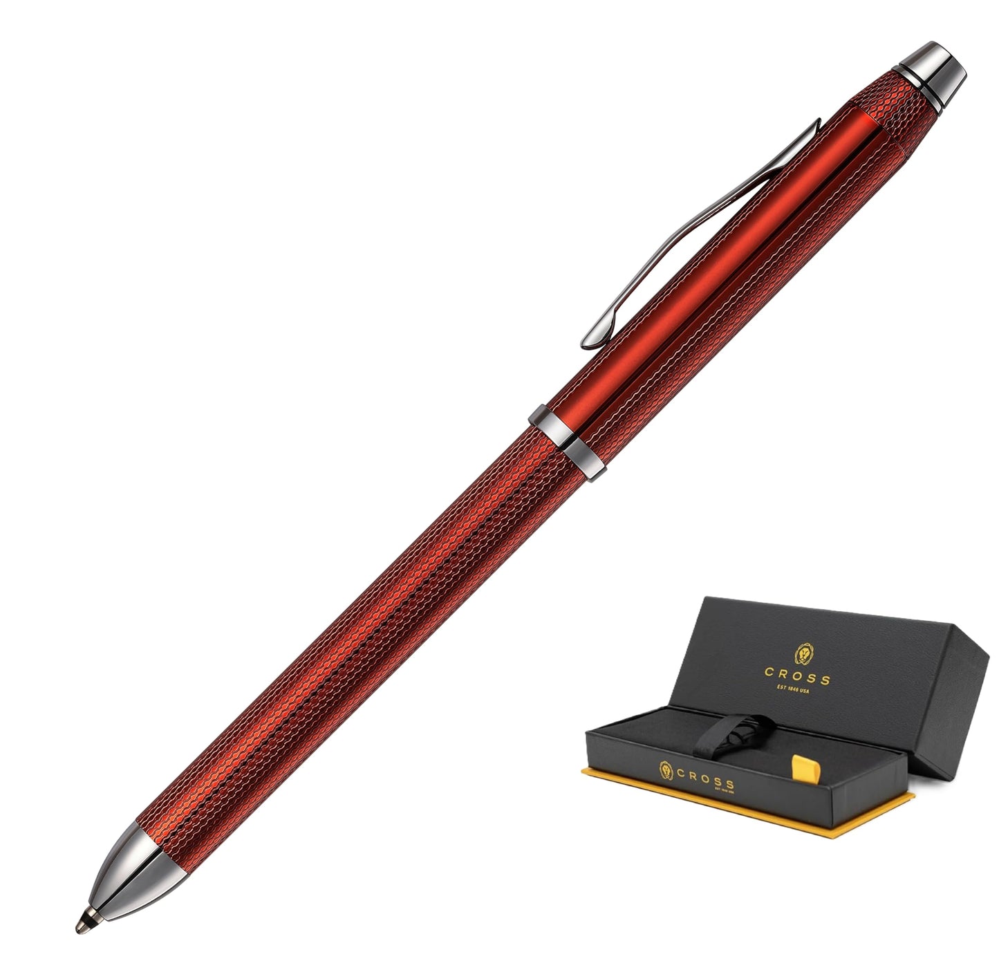 Cross Tech3+ Engraved Refillable Multi-Function Ballpoint Pen with Stylus, Medium Ballpen And Pencil, Includes Premium Gift Box - Translucent Red