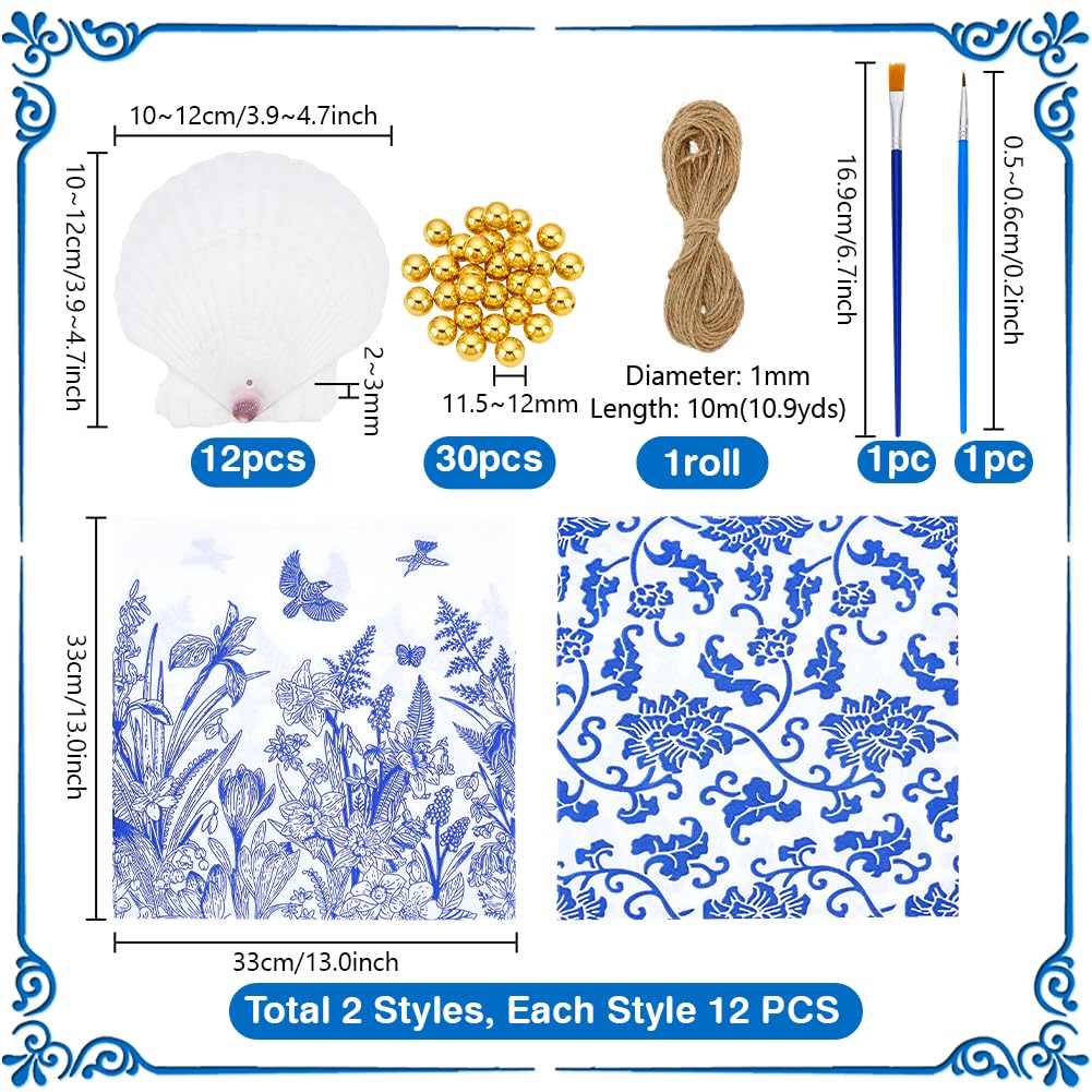 PH PandaHall 12 Set Scallop Shells Decoupage Kit, White Natural Large Shells with 24pcs Decoupage Paper 10m Cord 2pcs Paint Brush 30pcs Gold Bead Seashell Painting Kit for DIY Crafts Tray Decor Making