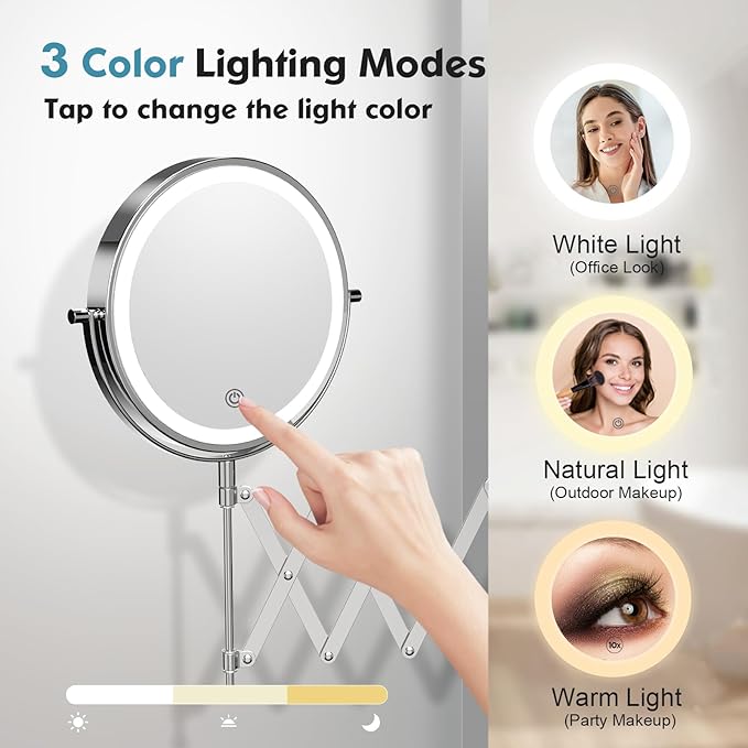 Rechargeable Wall Mounted Makeup Mirror - 8 Inch Double Sided 1X/30X Magnifying Mirror with 3 Color Lights Dimmable Touch Screen, 360°Swivel 19.6 Inch Extendable Accordion Bathroom Mirror - Chrome