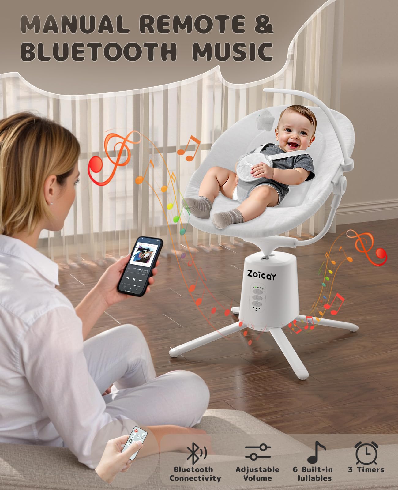 Zoicay Baby Swing,Baby Swings for Infants with 3 Modes & 5 Speeds, BT Enabled App & Remote Control, Electric Swing – 6 Lullabies and 3 Timer Setting, 2 Seat Positions and 5-Point Harness Swing (White)