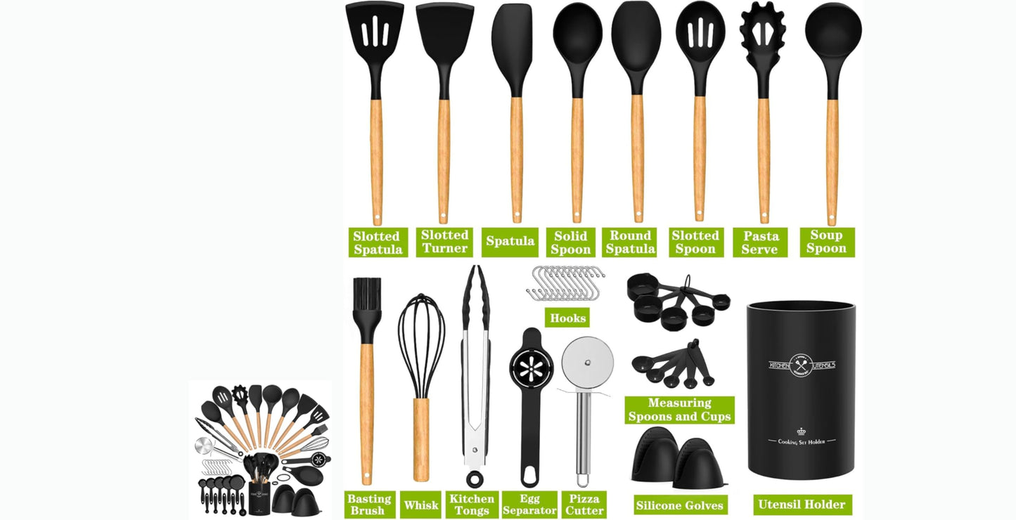 36 pcs Silicone Kitchen Cooking Utensils with Holder, Heat Resistant Cooking Sets Wooden Handle, Nonstick Kitchen Gadgets Tools Include Spatula Spoons Turner Pizza Cutter(Black) for Gift, K Trends