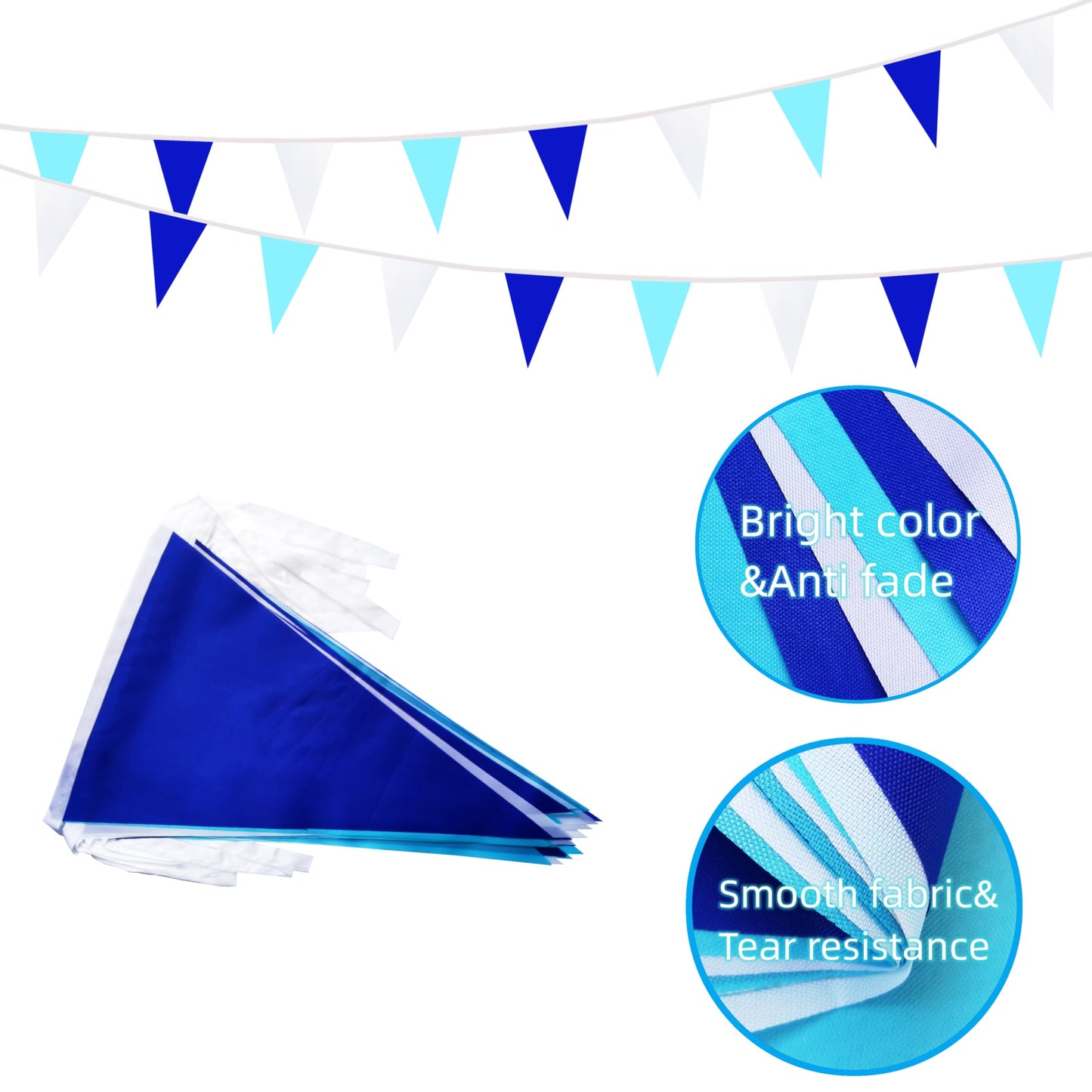 Rotenl 100 Feet 60 Pcs Blue White & Dark Blue Pennant Banner Triangle DIY Flag, Bunting Streamers Decor for Grand Opening, Birthday, Wedding Celebration