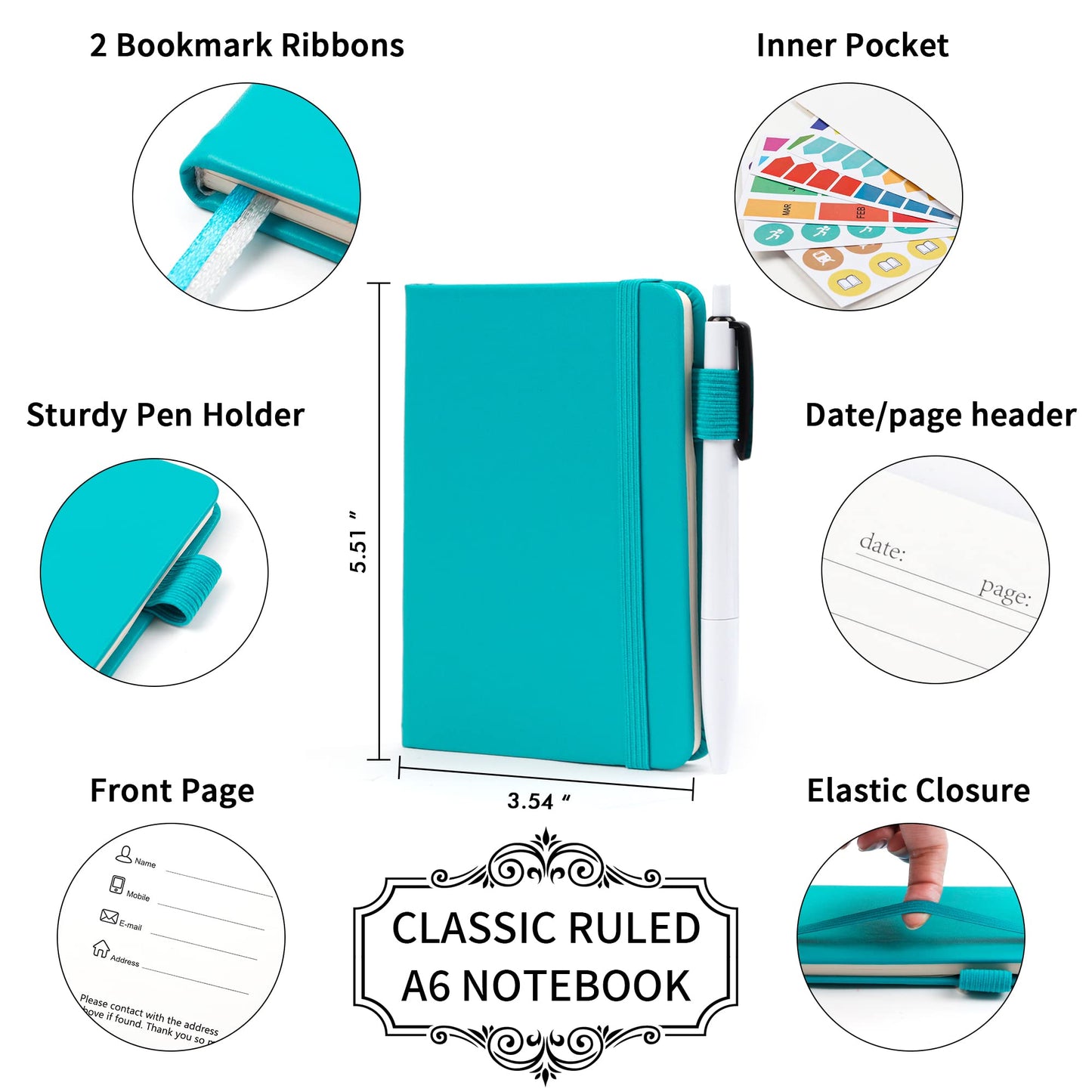feela 15 Pack Pocket Small Notebooks Bulk, Mini Cute Notepads Hardcover College Ruled Lined Journals with Pen Holder for School Business Memos, with 15 Black Pens, 3.5”x 5.5”, A6, Emerald