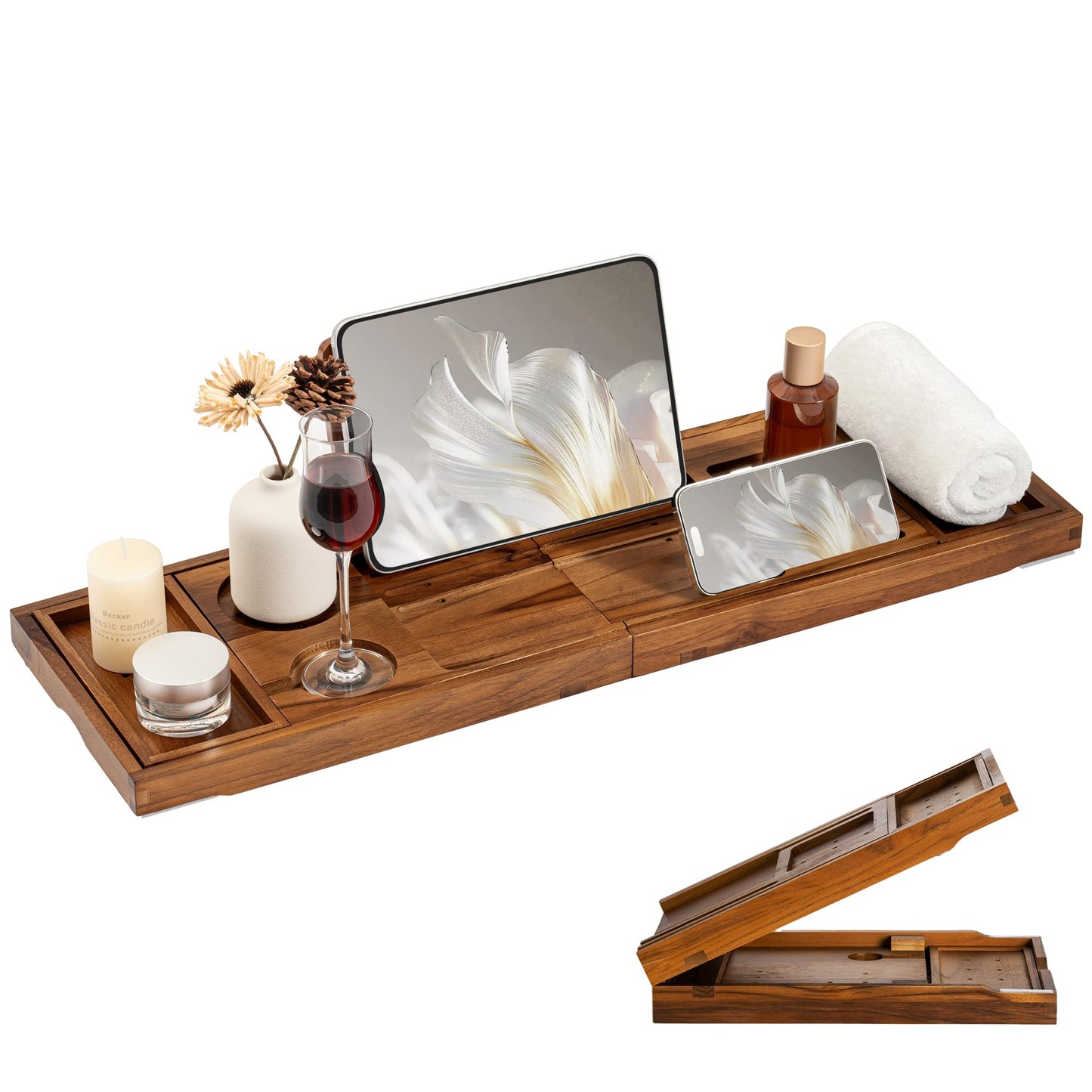 Teak Bathtub Tray for Tub, Expandable Bath Tray 28–40in, Foldable Bathtub Caddy with Wine Glass Holder, Phone & Book Stand, Wooden Bath Tray Organizer, Luxury Bathroom Accessories Gift - Light Walnut