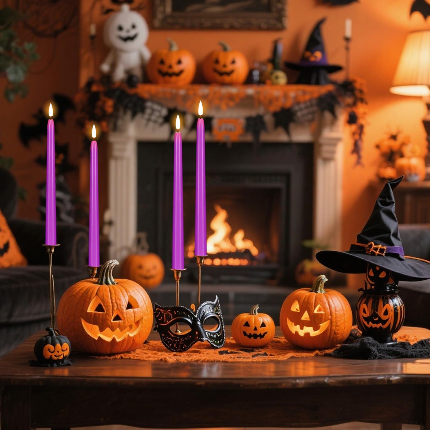 Wondise Halloween Flameless Taper Candles with Remote & Timer, 4 Pack Purple Battery Operated LED Candles with 3D Wick Flickering for Halloween Decorations Gift