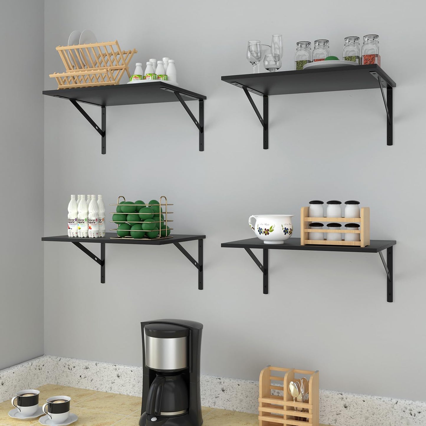 Deep Floating Wall Shelves - 4 Sets of 12 Inch Wide Black Wood Shelves for Bathroom, Bedroom, Kitchen, Living Room