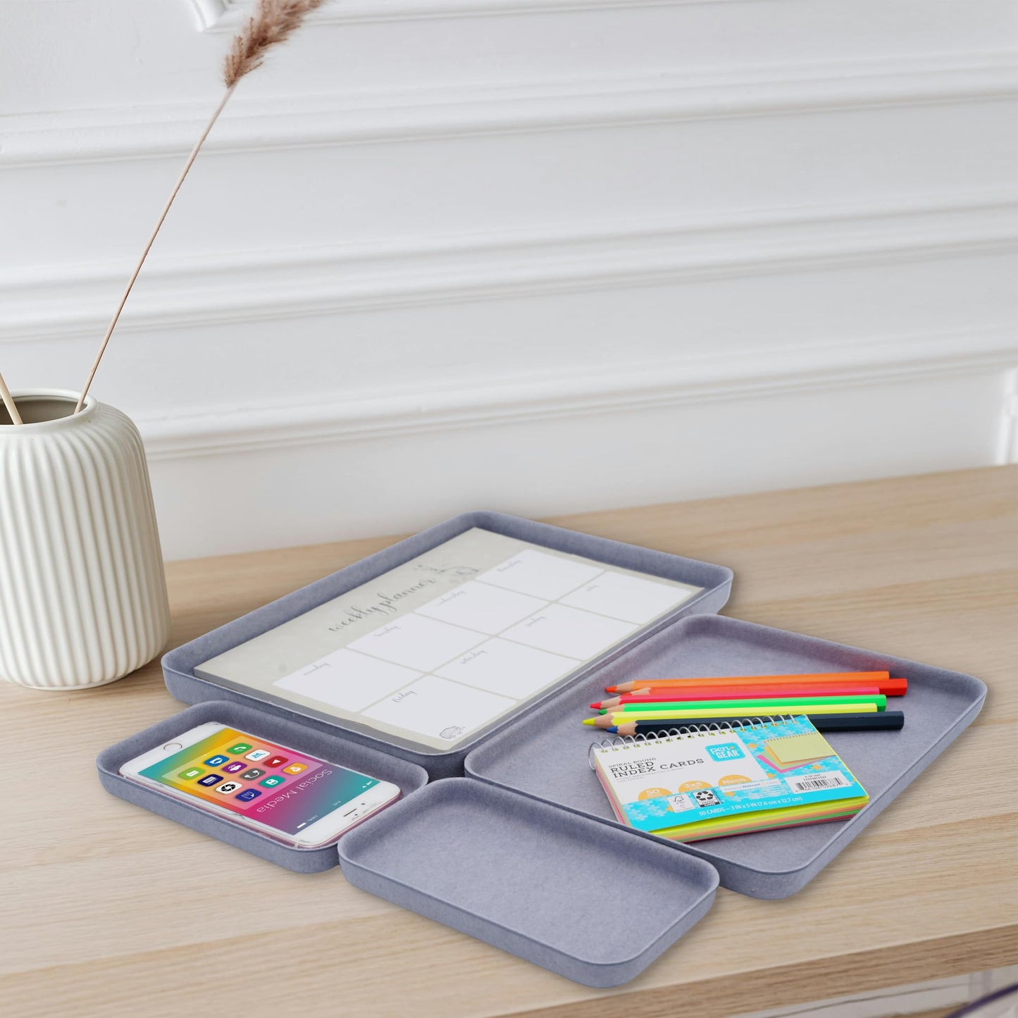 Welaxy EDC Catchall Desk Organizer felt tray stylish nightstand multi tray Entryway Bedside Caddy for Keys Phone Wallet Watch Glasses Pens Office Accessory minimalist living 4-piece (Glacier Gray)
