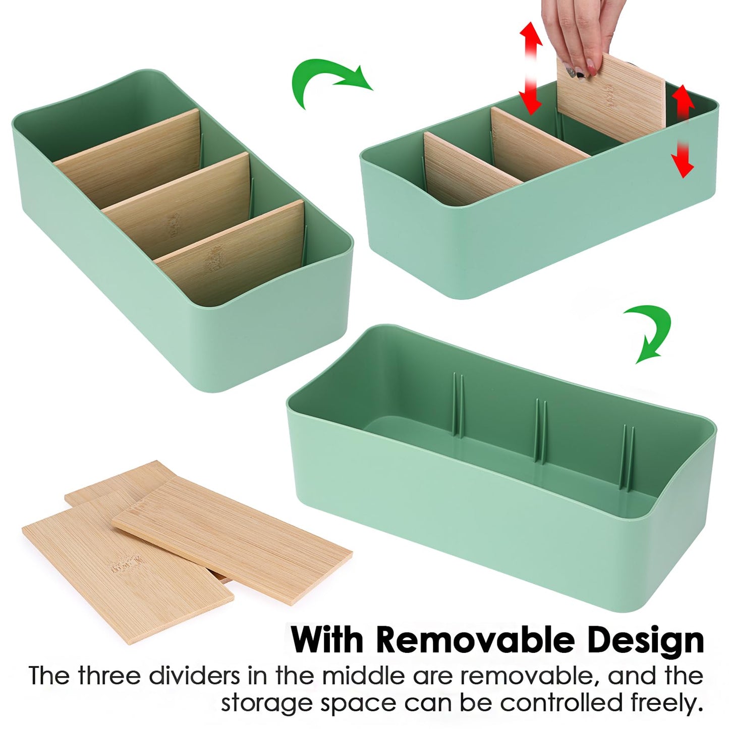BSTKEY Seasoning Packet Organizer, Food Storage Organizer with Divided 4 Bamboo Wood Compartments, Green Plastic Storage Caddy for Pantry Cabinet, Kitchen Organization Bin for Snacks Spice Packets