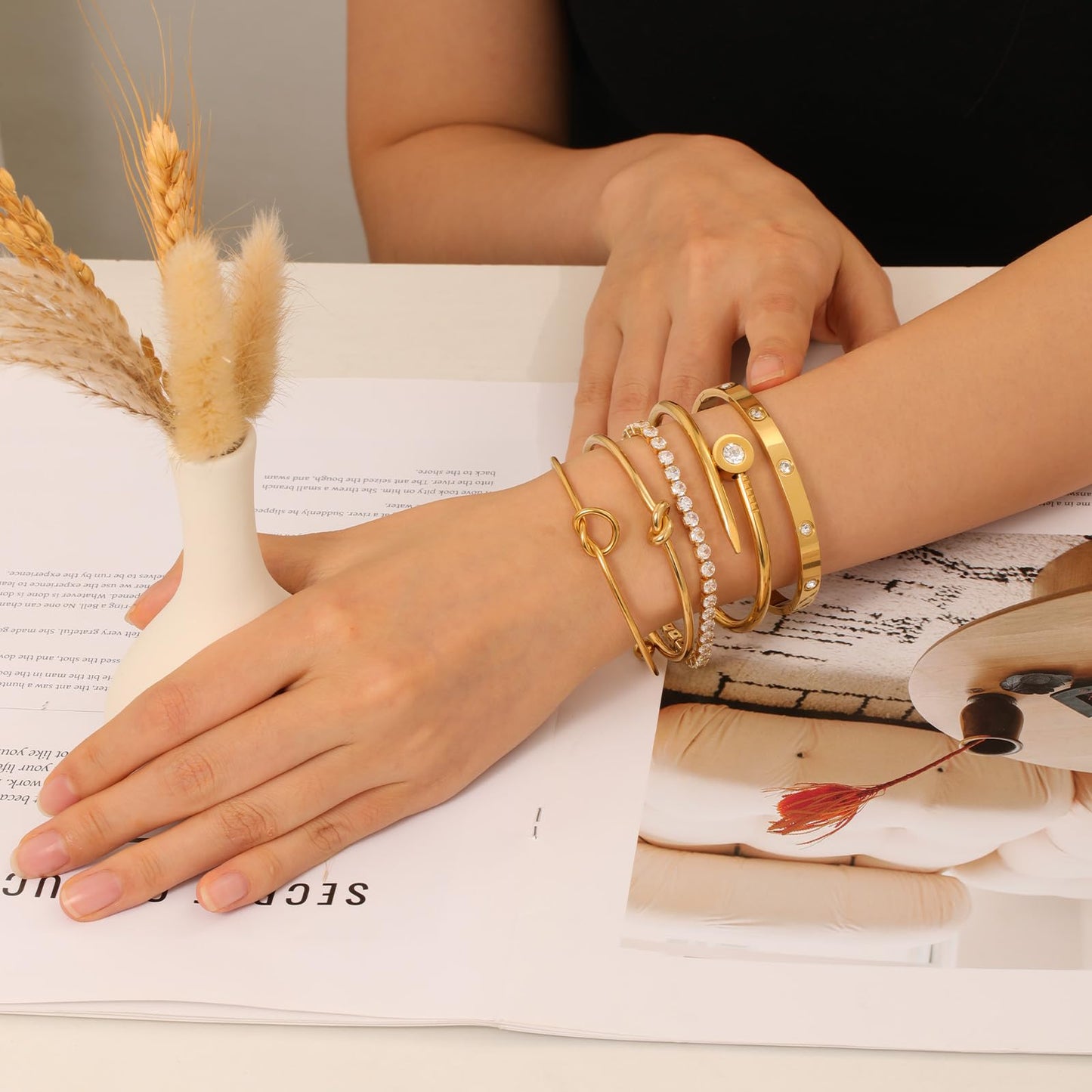 FAFUGA 18 K Gold Plated Love Bangle Bracelet Stack Cuff Jewelry for Women Jewelry Set for Women Gift with Box (style8)