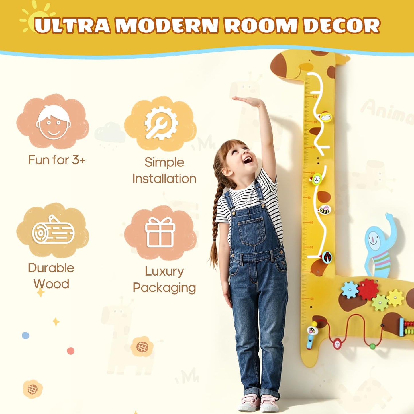 BROWNROOT Wooden Giraffe Growth Chart, Montessori Height Ruler with 5-in-1 Sensory Activities, Measuring Wall Toy for Kids 3-6, Bead Maze, Gears, Slide, Squeaker & Abacus, Educational Learning Gift