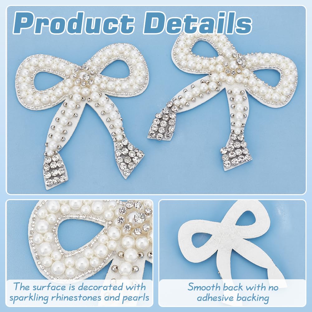 FINGERINSPIRE 2 Pcs Bowknot Rhinestone Patch 4.9x4.5inch Bow Tie Beading Appliques White Imitation Pearl Decorative Patch Repair Felt Sew on Applique for Clothing Repair