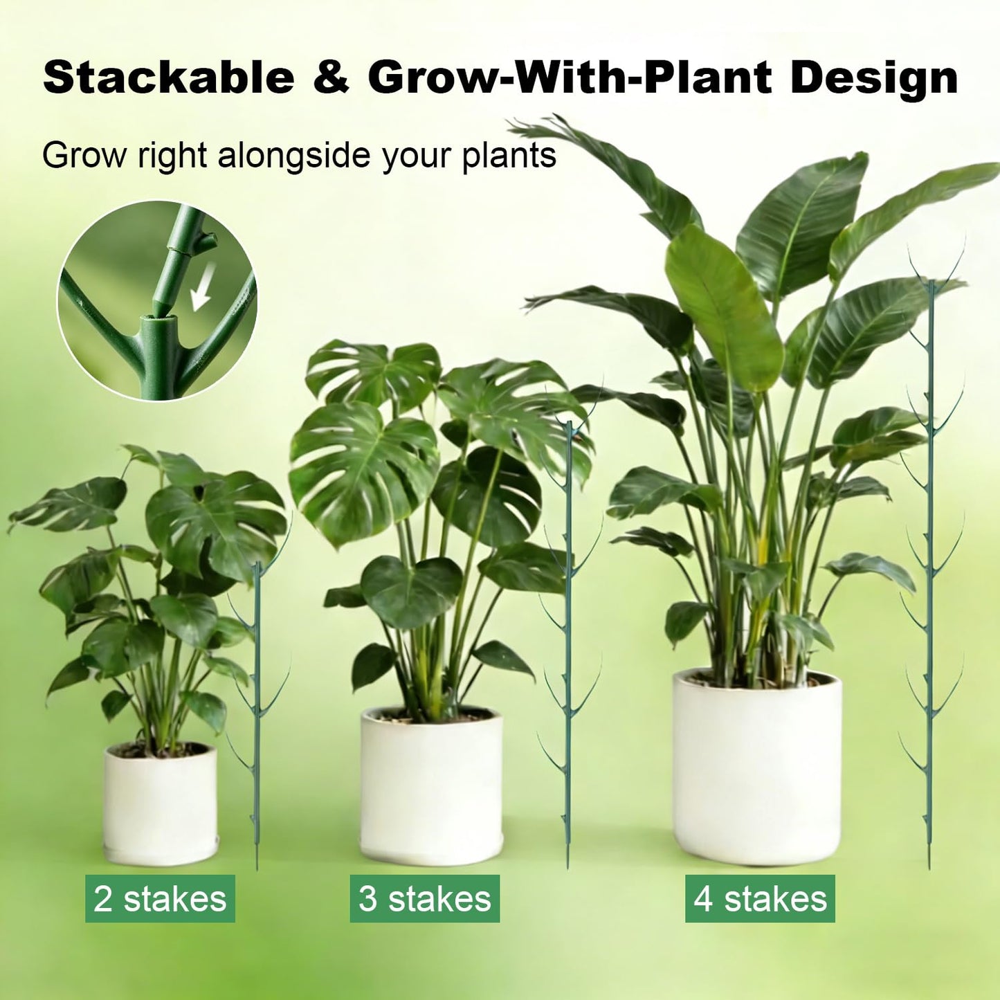 10 Pack Stackable Monstera Plant Support Stakes, Adjustable Climbing Plant Poles for Indoor Outdoor Plants, Durable Green Garden Stakes with Clips and Tape for Pothos, Philodendron, Vines