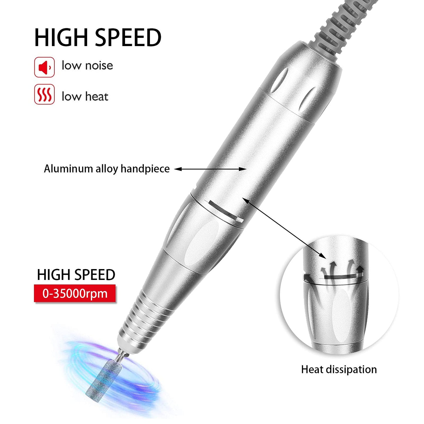 Electric Nail Drill, Replacement Handle for Machine Pen Replacement Nail Polisher Grinder Handpiece 35000 RPM Aluminum Alloy Manicure Pedicure Art Tool